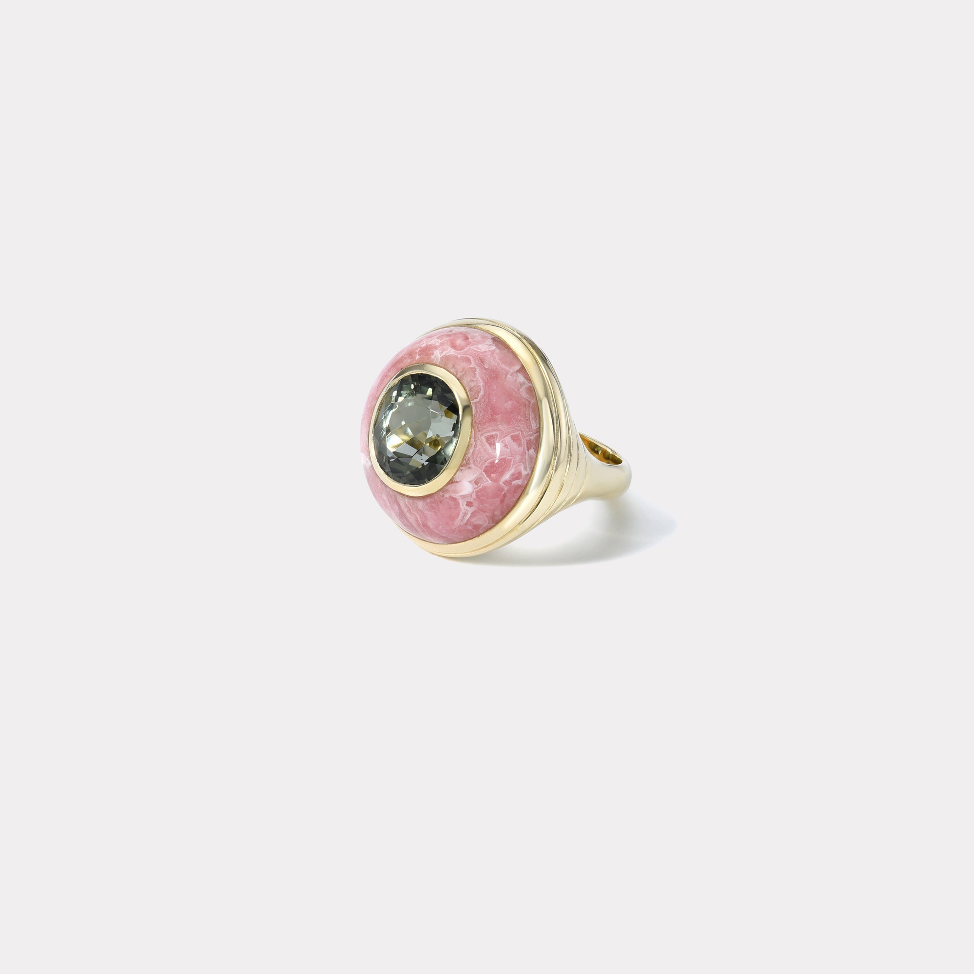 Retrouvai 3.4ct Green Tourmaline in Hand Carved Rhodochrosite Petite Lollipop Ring