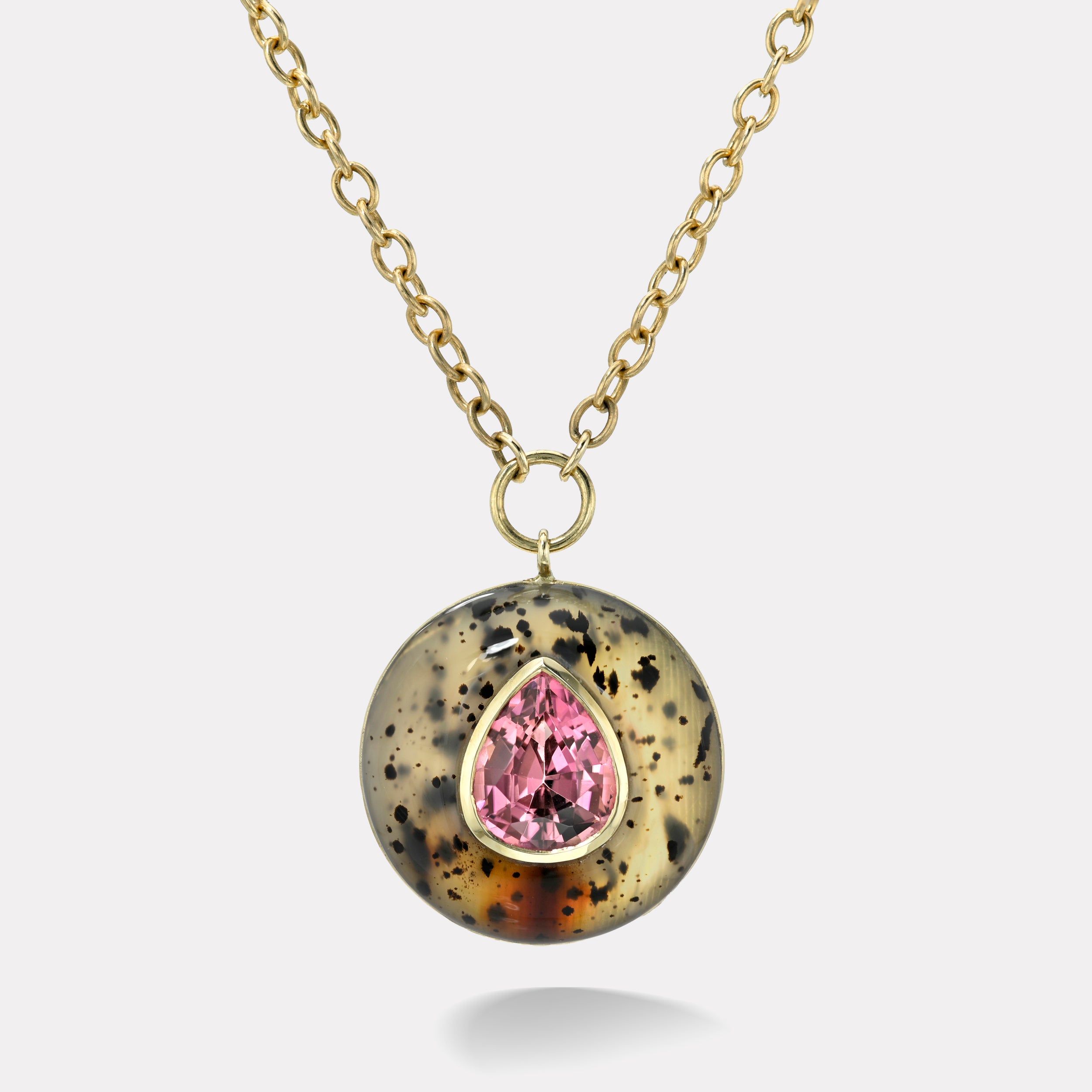Retrouvai 4.45ct Pear Pink Tourmaline in Hand Carved Dendrite Lollipop Pendant