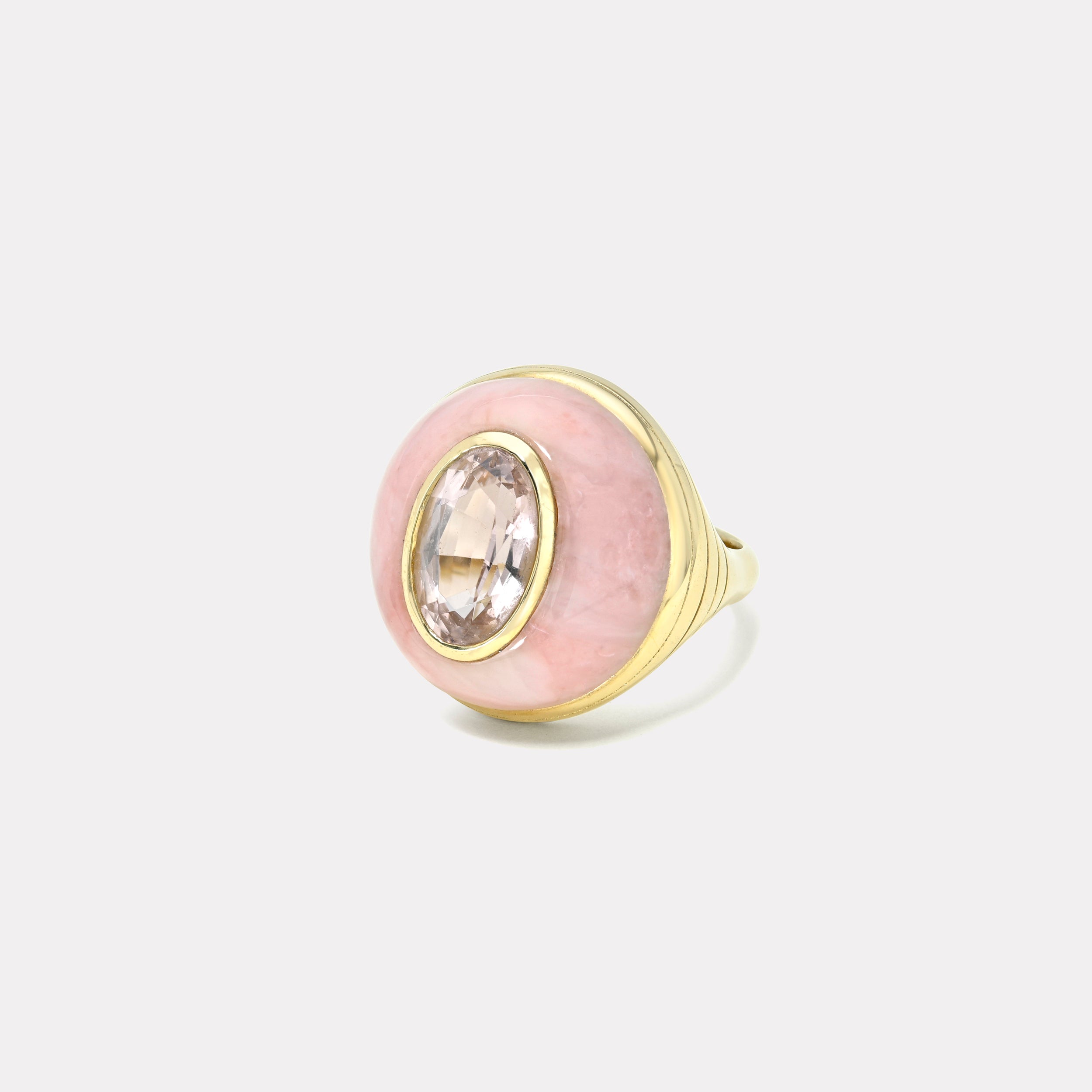 Retrouvai 4.21ct Oval Pink Tourmaline in Hand Carved Pink Opal Petite Lollipop Ring
