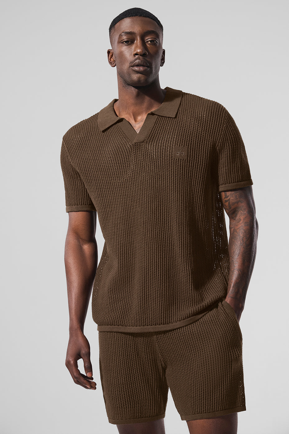 Aloyoga Open-Knit Polo - Espresso