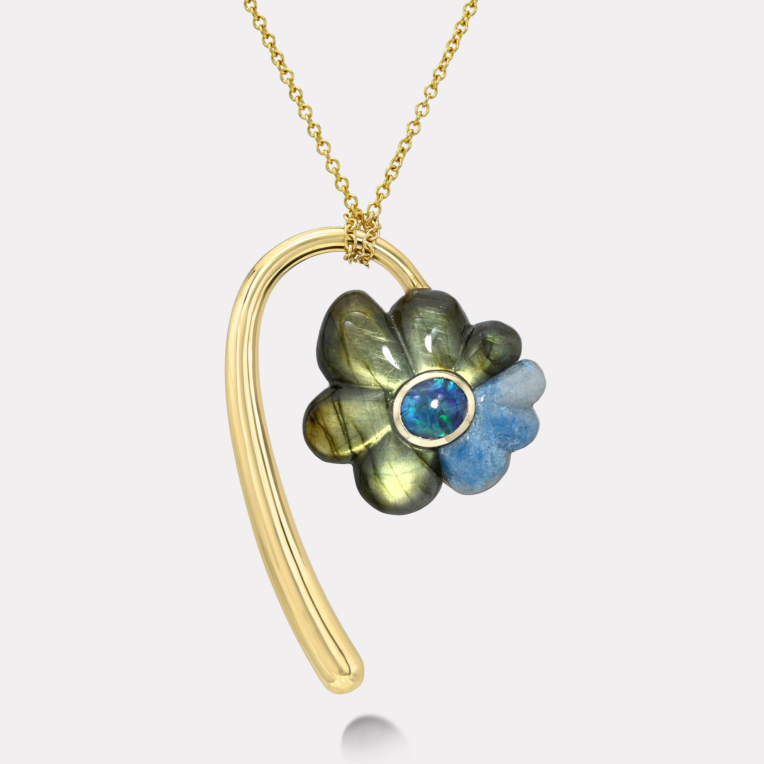 Retrouvai Large Flora Pendant with a 1.71ct Oval Australian Opal in Hand Carved Labradorite and Trol