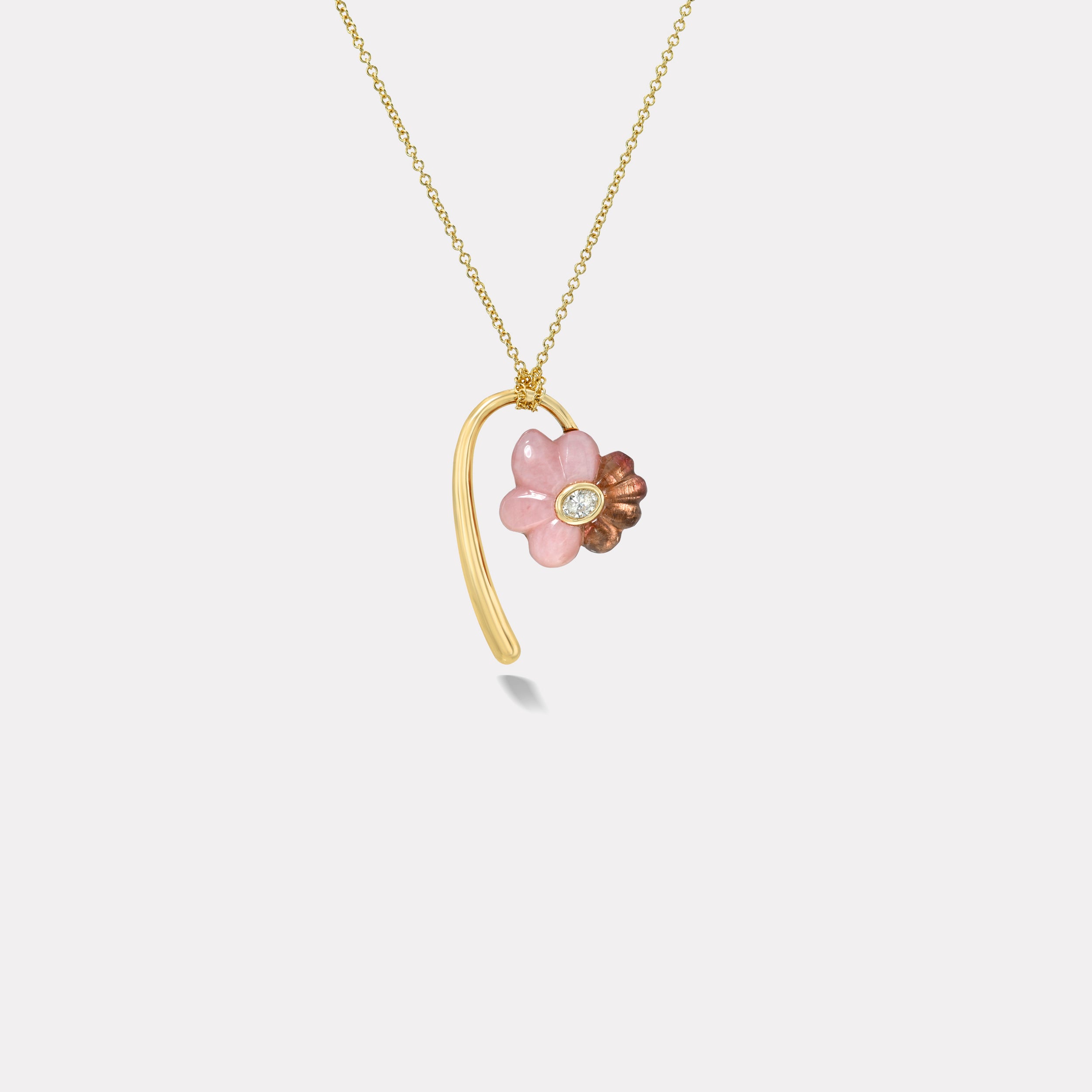 Retrouvai Petite Bonded Flora Pendant with Hand Carved Pink Opal and Pink Tourmaline