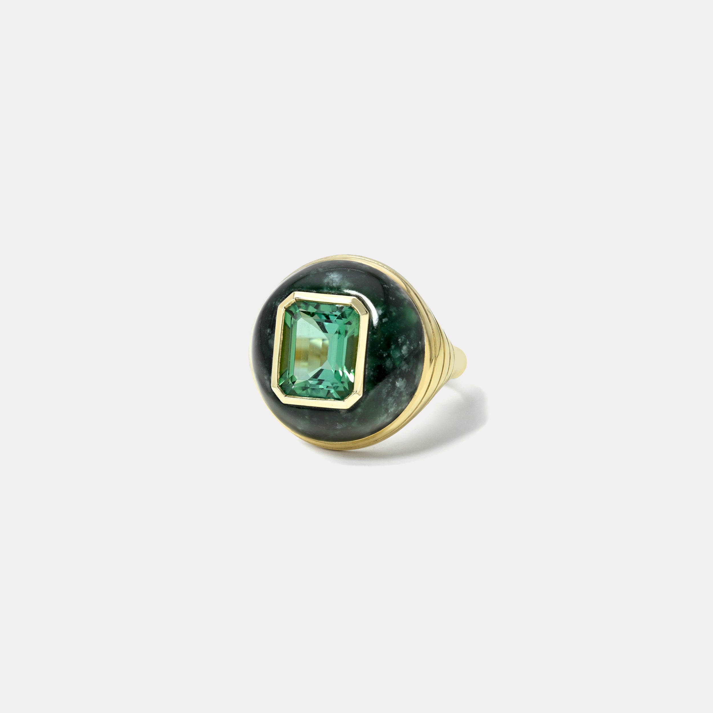 Retrouvai 4ct Emerald Cut Green Tourmaline in Hand Carved Spotted Jasper Petite Lollipop Ring