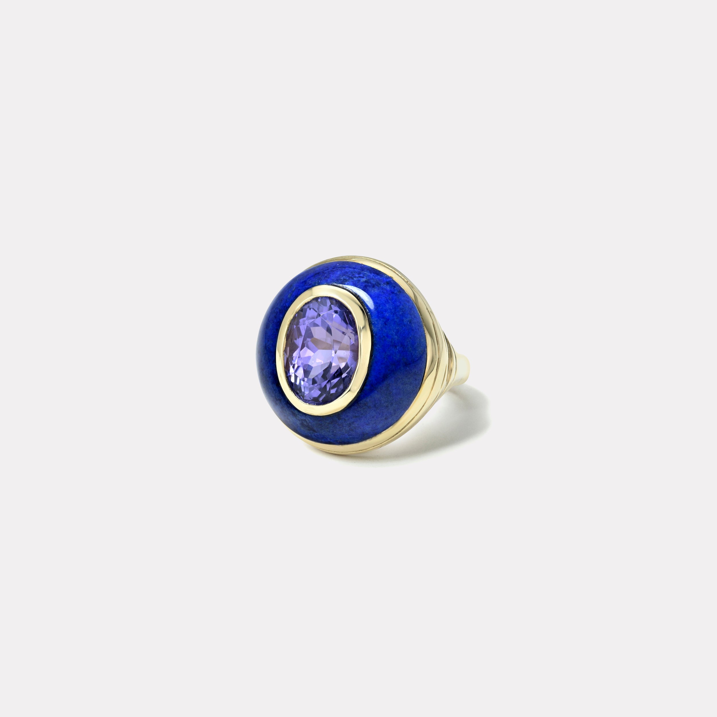 Retrouvai 4.78ct Oval Tanzanite in Hand Carved Lapis Petite Lollipop Ring