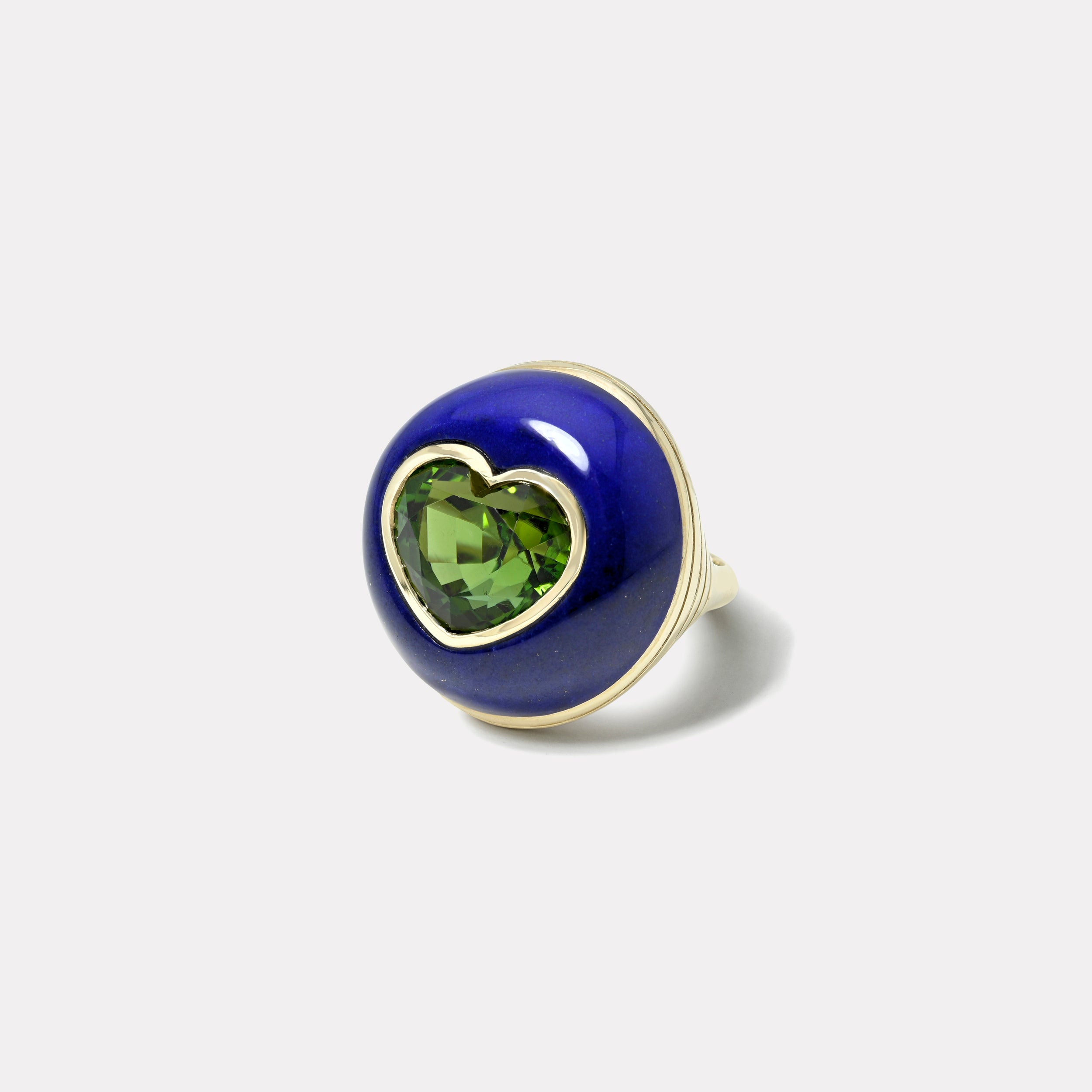 Retrouvai 8.69ct Heart Green Tourmaline in Hand Carved Lapis Classic Lollipop Ring