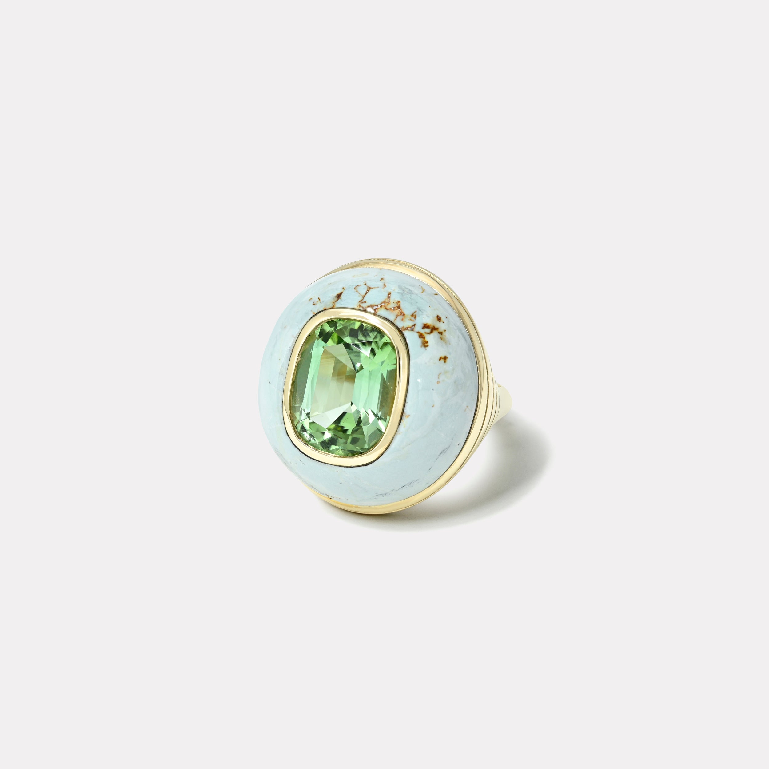 Retrouvai 7.43ct Cushion Mint Tourmaline in Hand Carved Milky Turquoise Classic Lollipop Ring