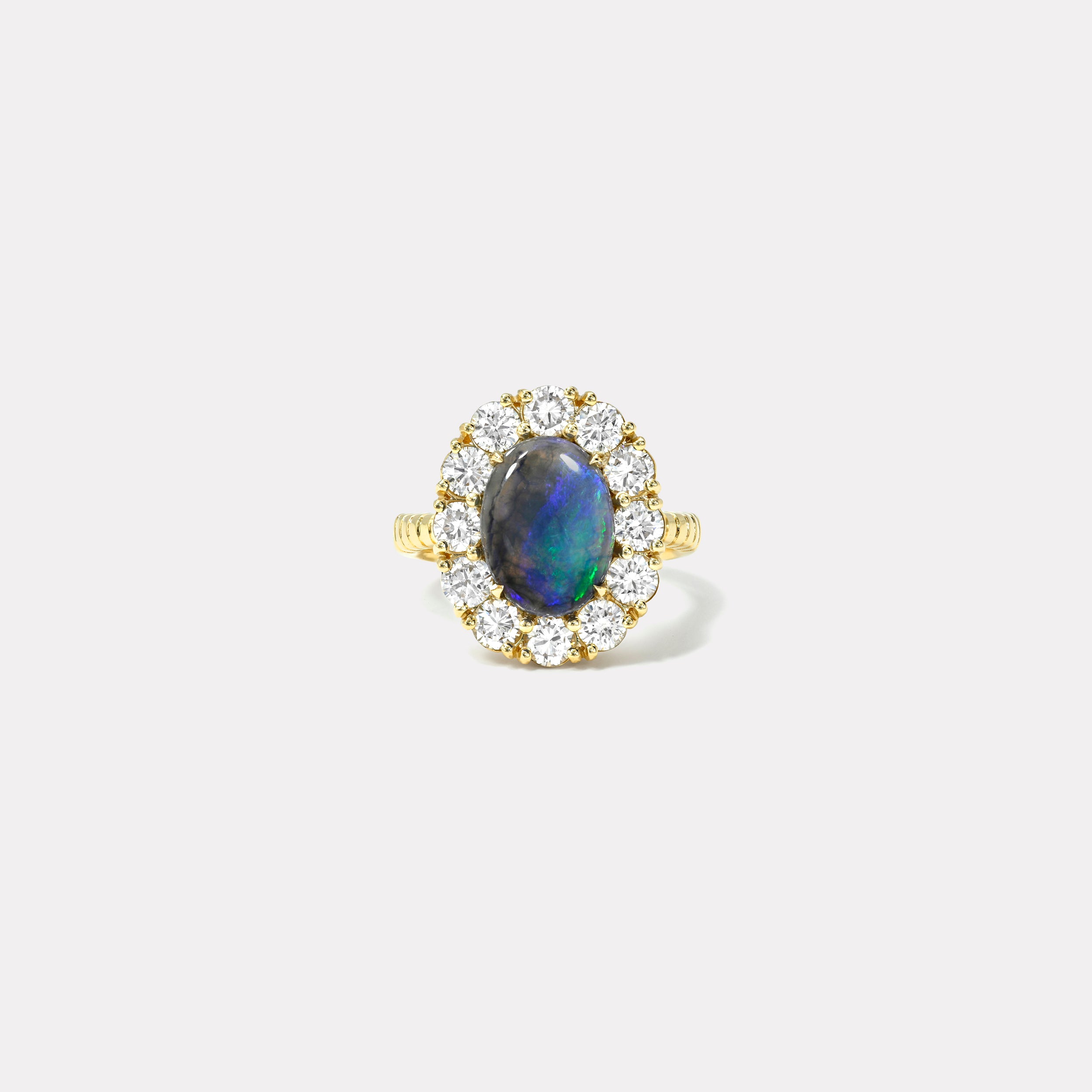 Retrouvai 2.79ct Oval Cabochon Blue Australian Opal Diamond Heirloom Bezel Ring