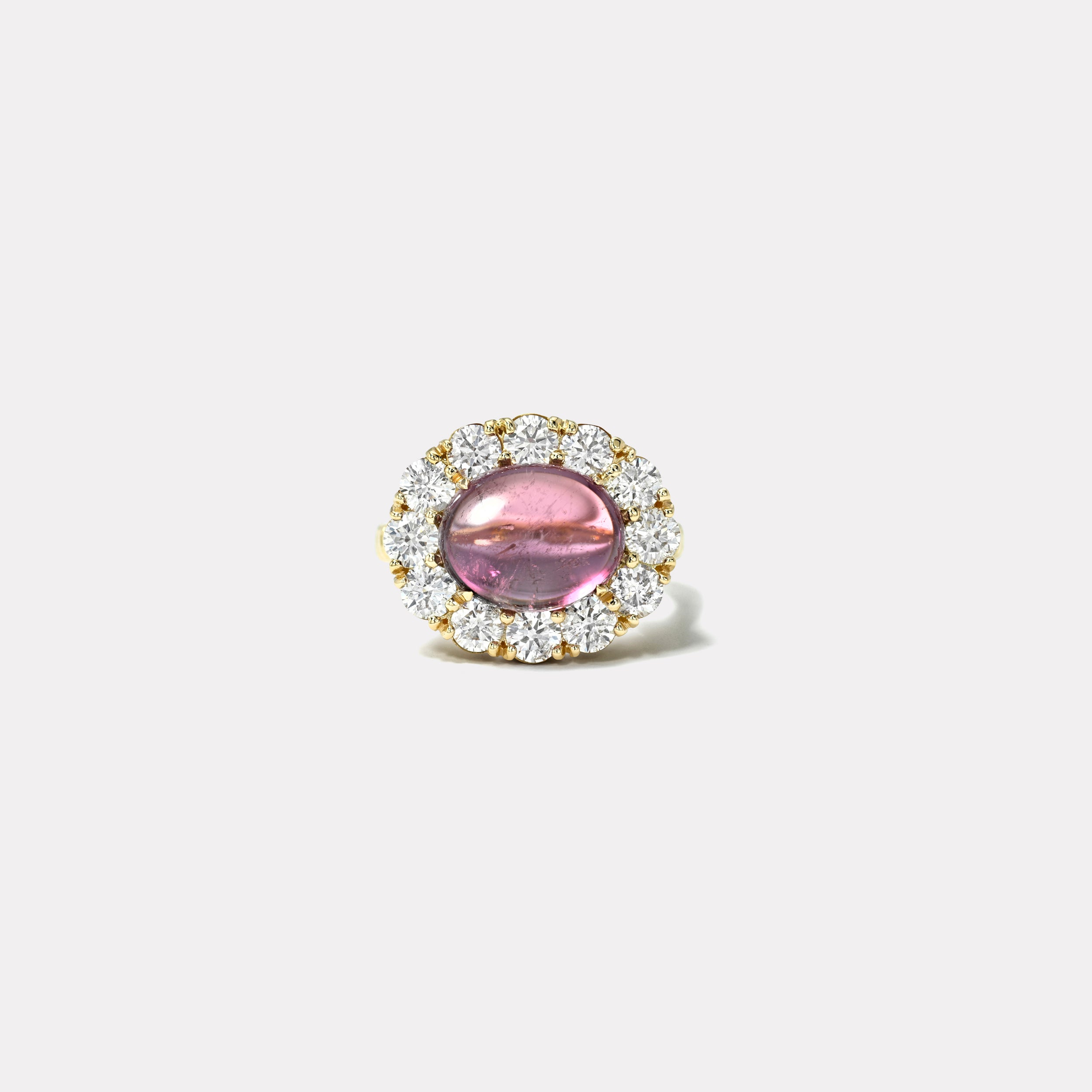 Retrouvai 6.59ct Oval Cabochon Pink Tourmaline Diamond Heirloom Bezel Ring