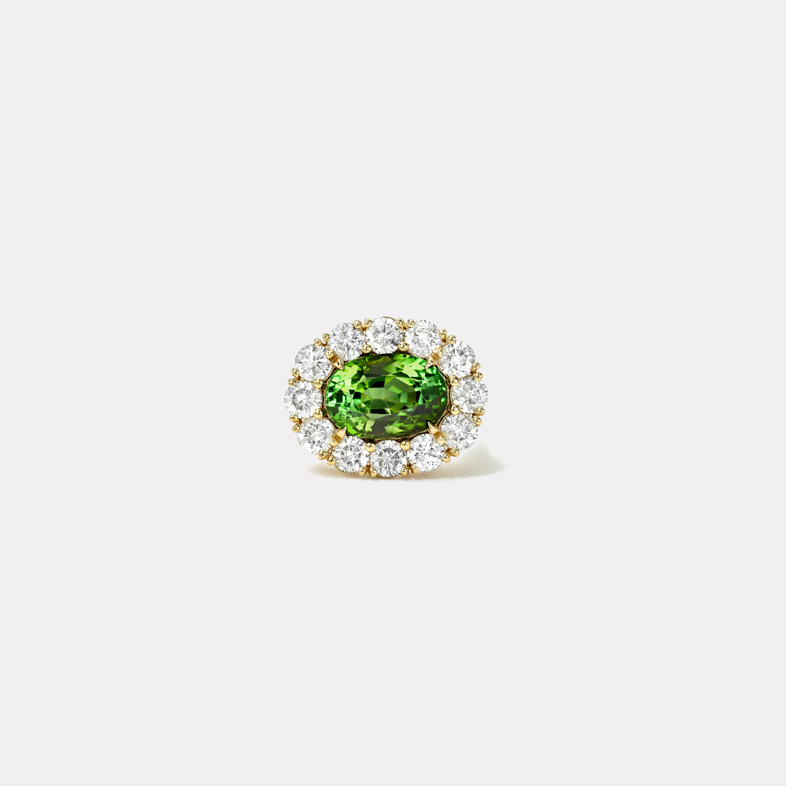 Retrouvai 4.57ct Oval Green Tourmaline Diamond Heirloom Bezel Ring