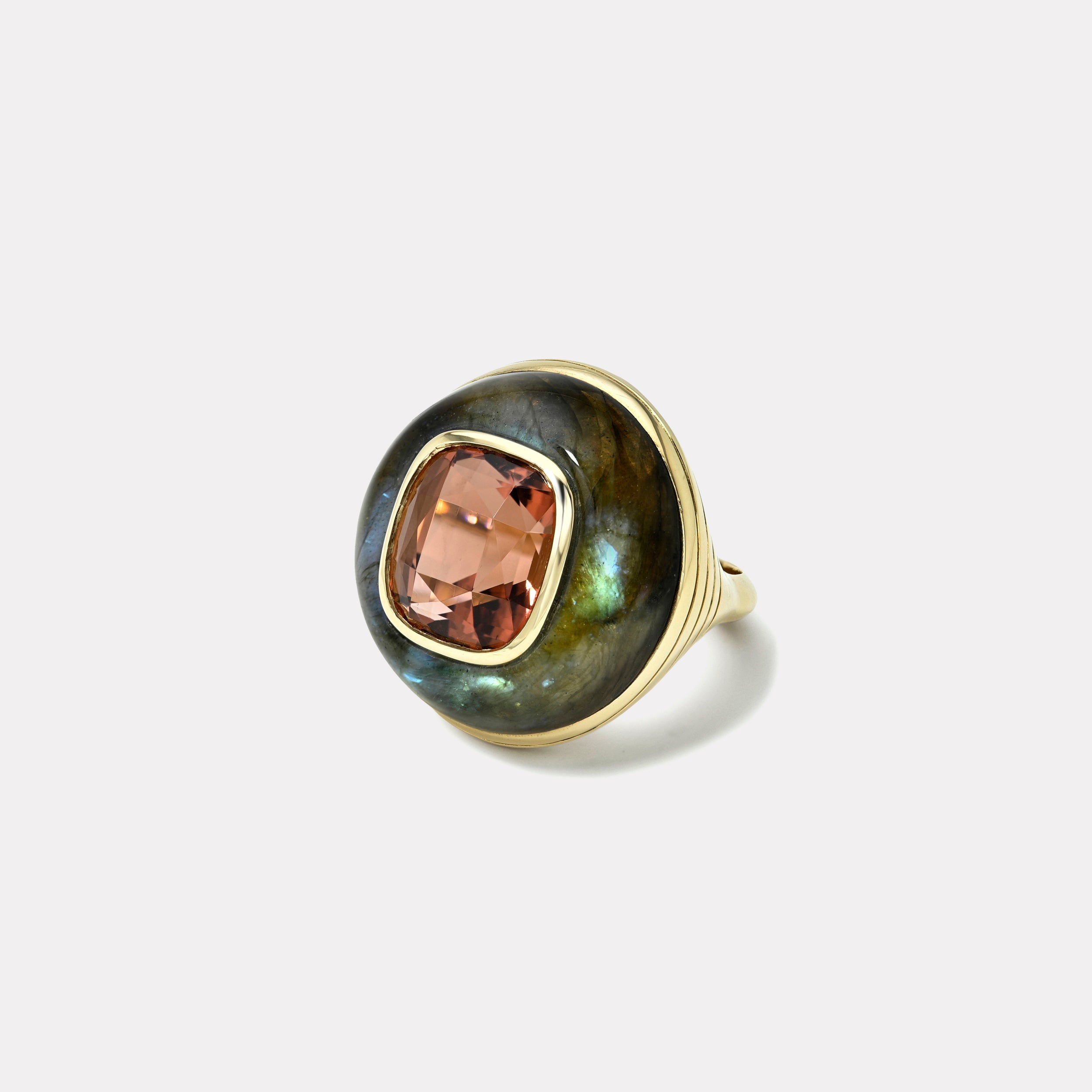 Retrouvai 8.25ct Cushion Red Tourmaline in Hand Carved Labradorite Lollipop Ring