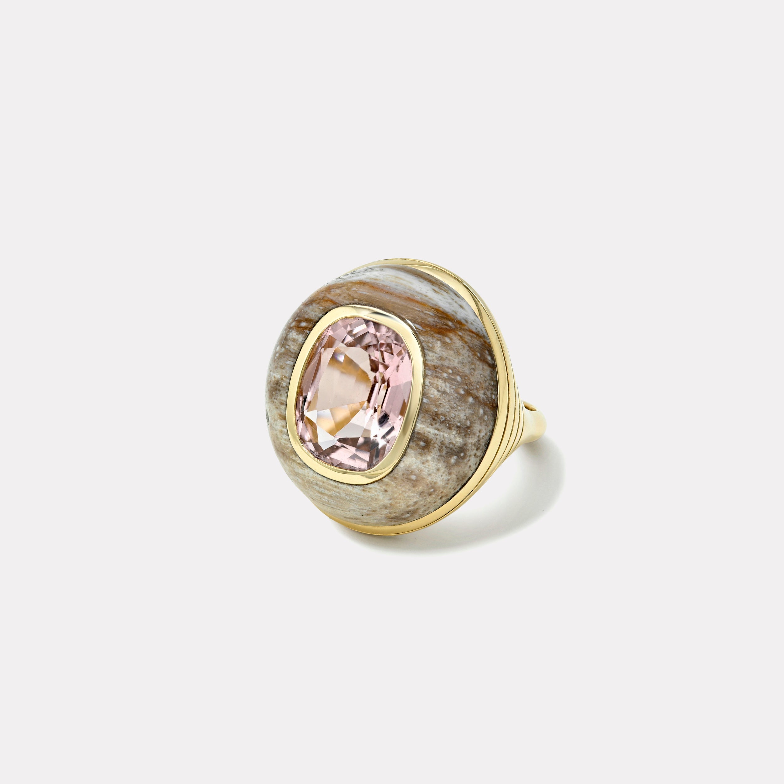 Retrouvai 7.34ct Cushion Pink Tourmaline in Hand Carved Petrified Wood Lollipop Ring