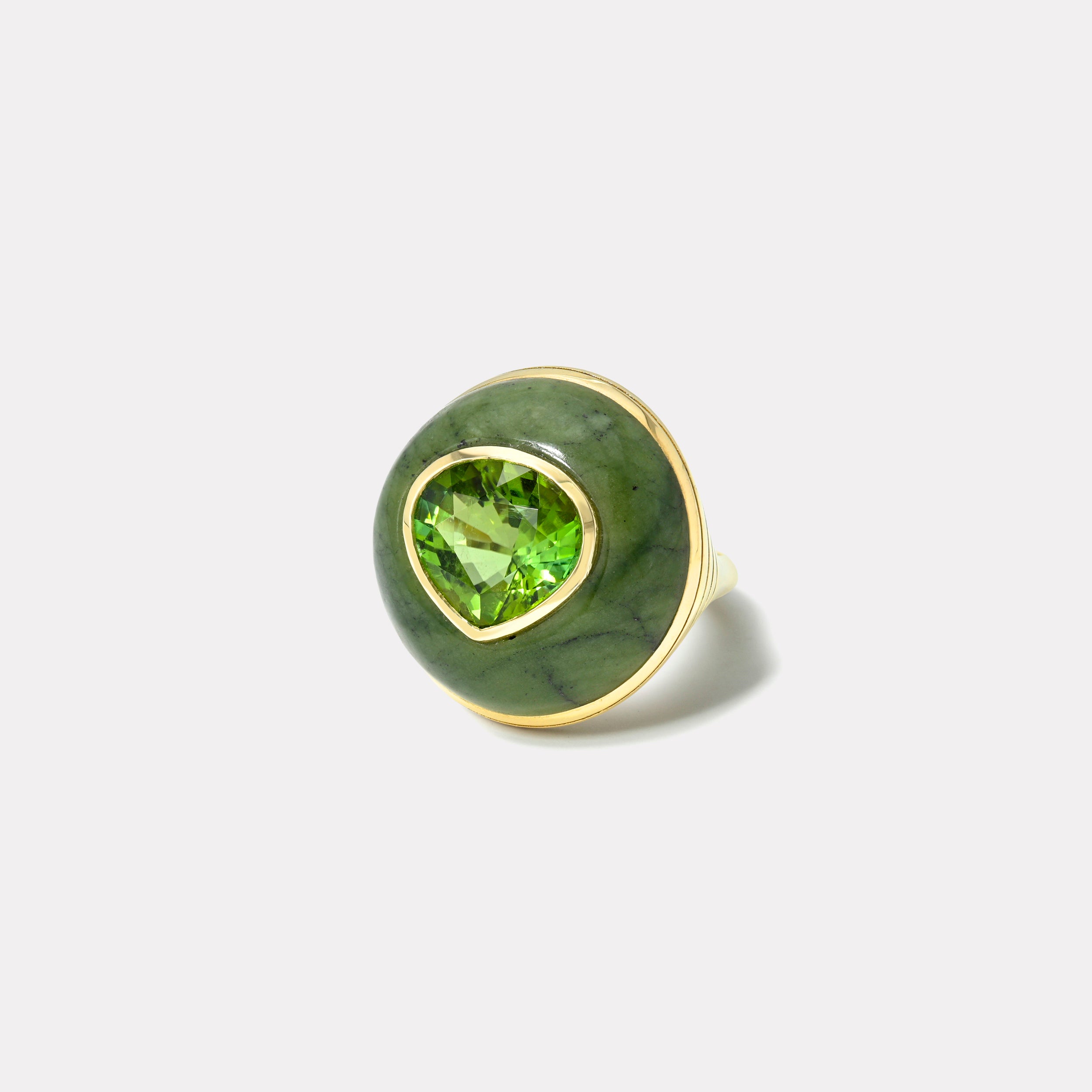 Retrouvai 5.37ct Pear Green Tourmaline in Hand Carved Green Opal Lollipop Ring