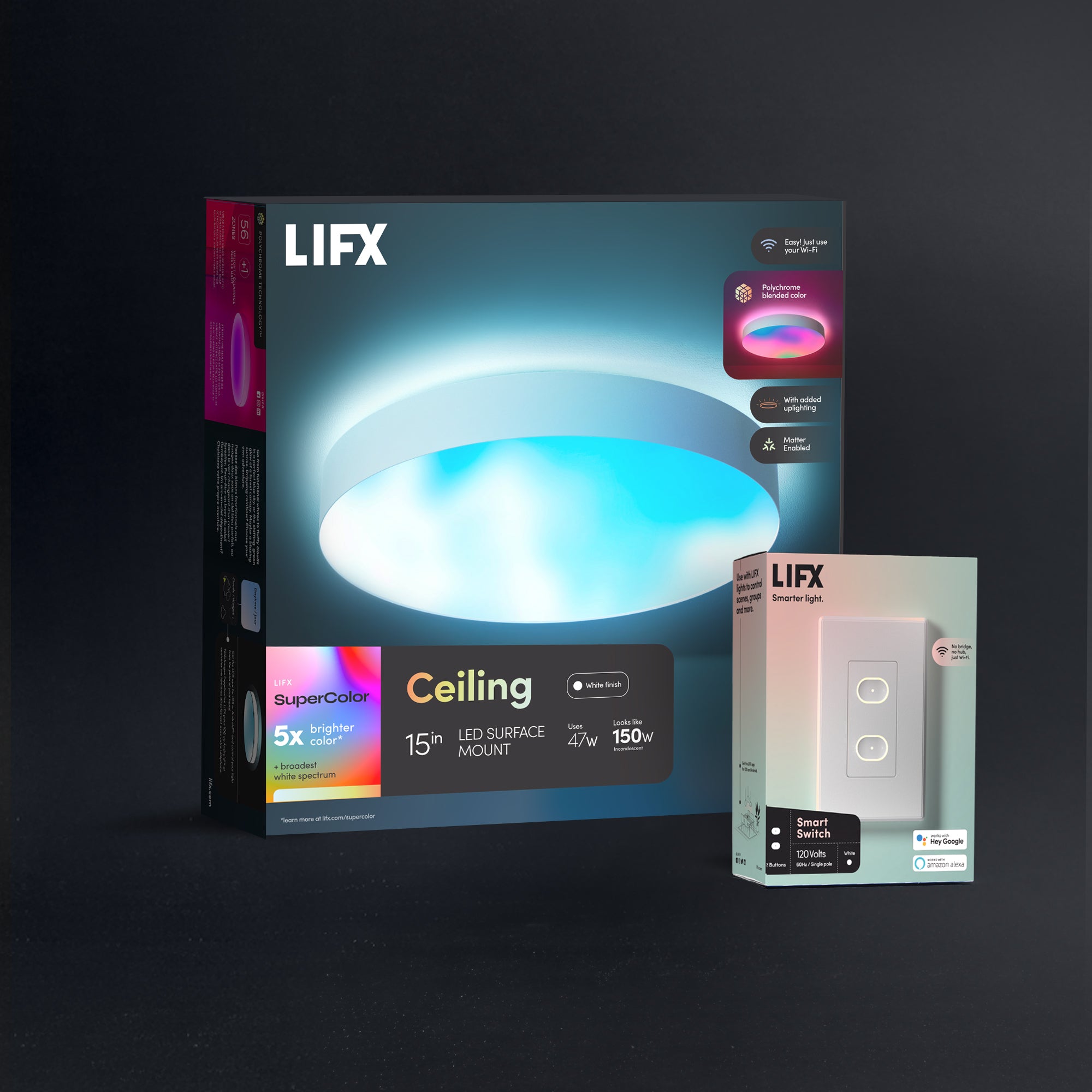 LIFX SuperColor 15" Ceiling Light White Trim + 2 Button Switch Bundle