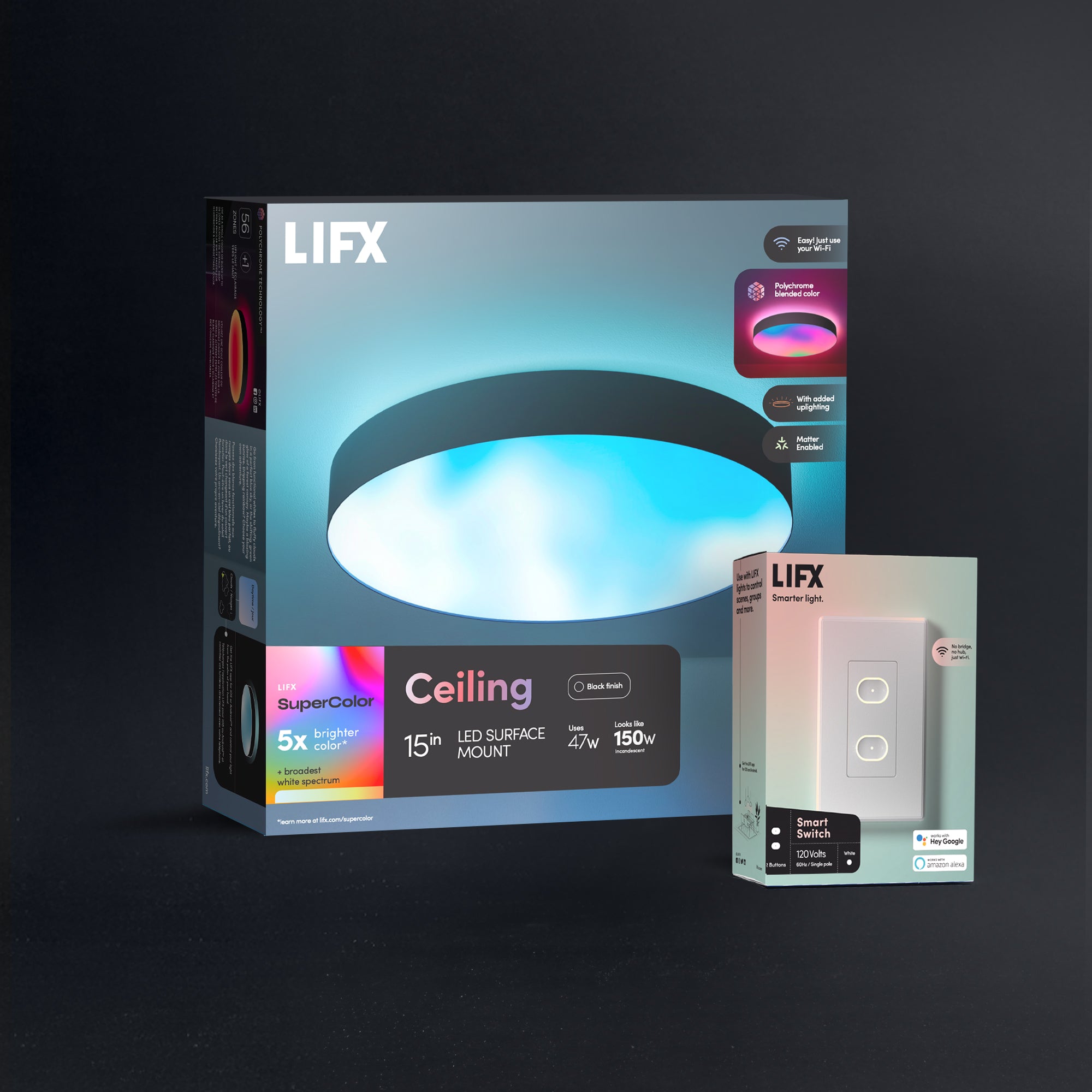 LIFX SuperColor 15" Ceiling Light Black Trim + 2 Button Switch Bundle