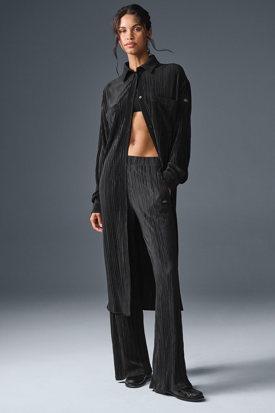 Aloyoga Micro Plisse Shirt Dress - Black
