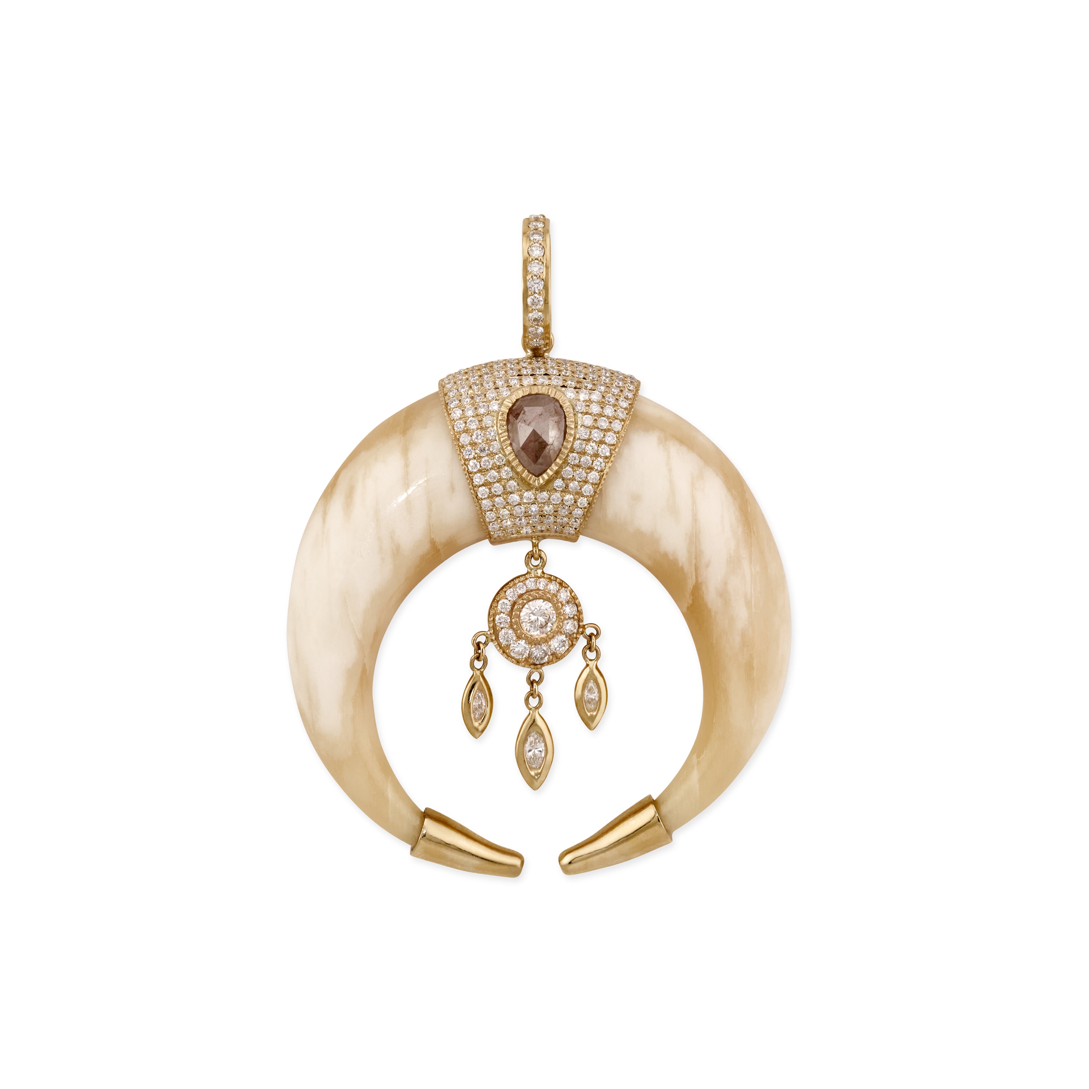 Jacquie Aiche Large Pave Rose Cut Cap Bone Double Horn Dreamcatcher Shaker Charm