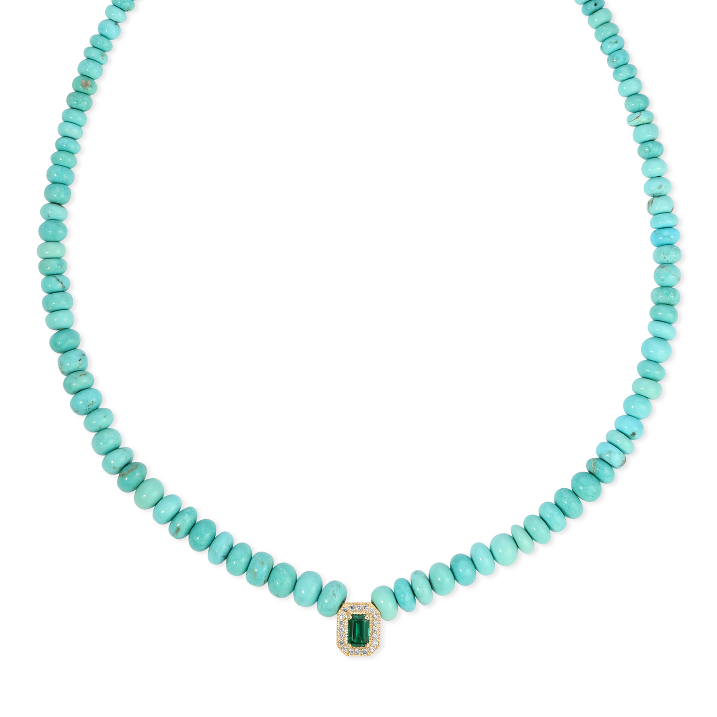 Jacquie Aiche Pavé Emerald Baguette Graduated Turquoise Beaded Necklace