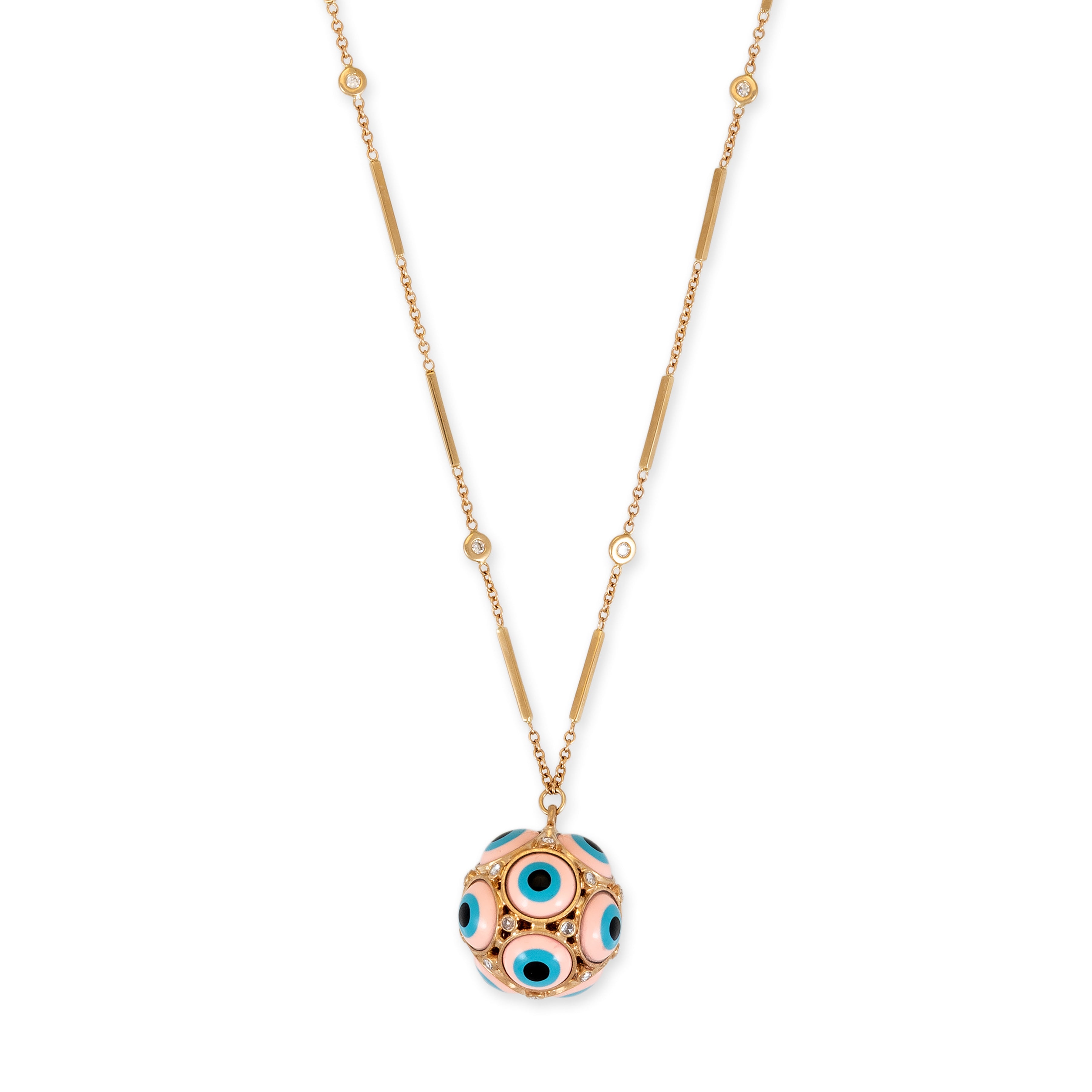 Jacquie Aiche Pink Ceramic Eye + Rose Cut Diamond Sphere Charm Necklace