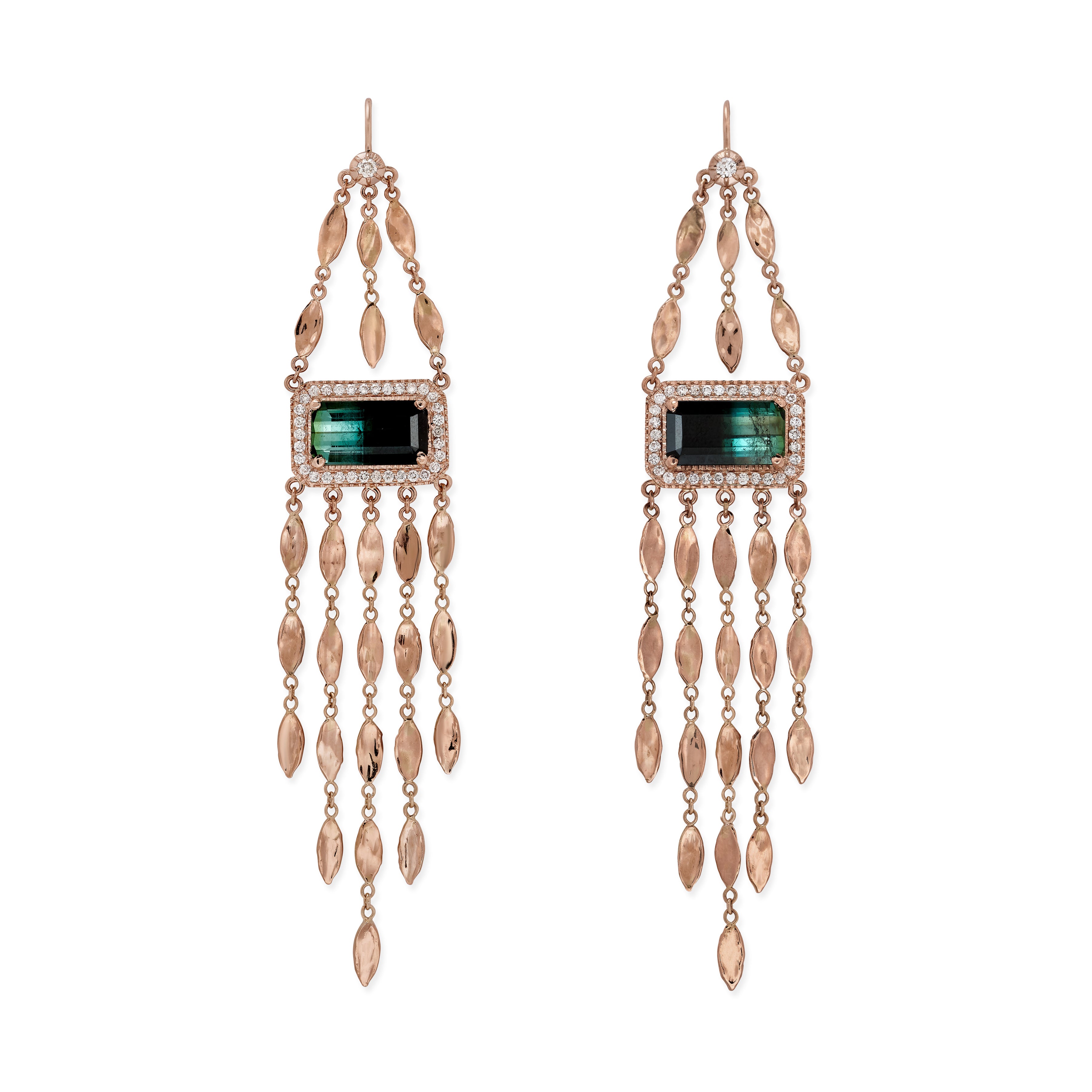 Jacquie Aiche Pave Green Tourmaline Baguette + Hammered Marquise Chandelier Earrings