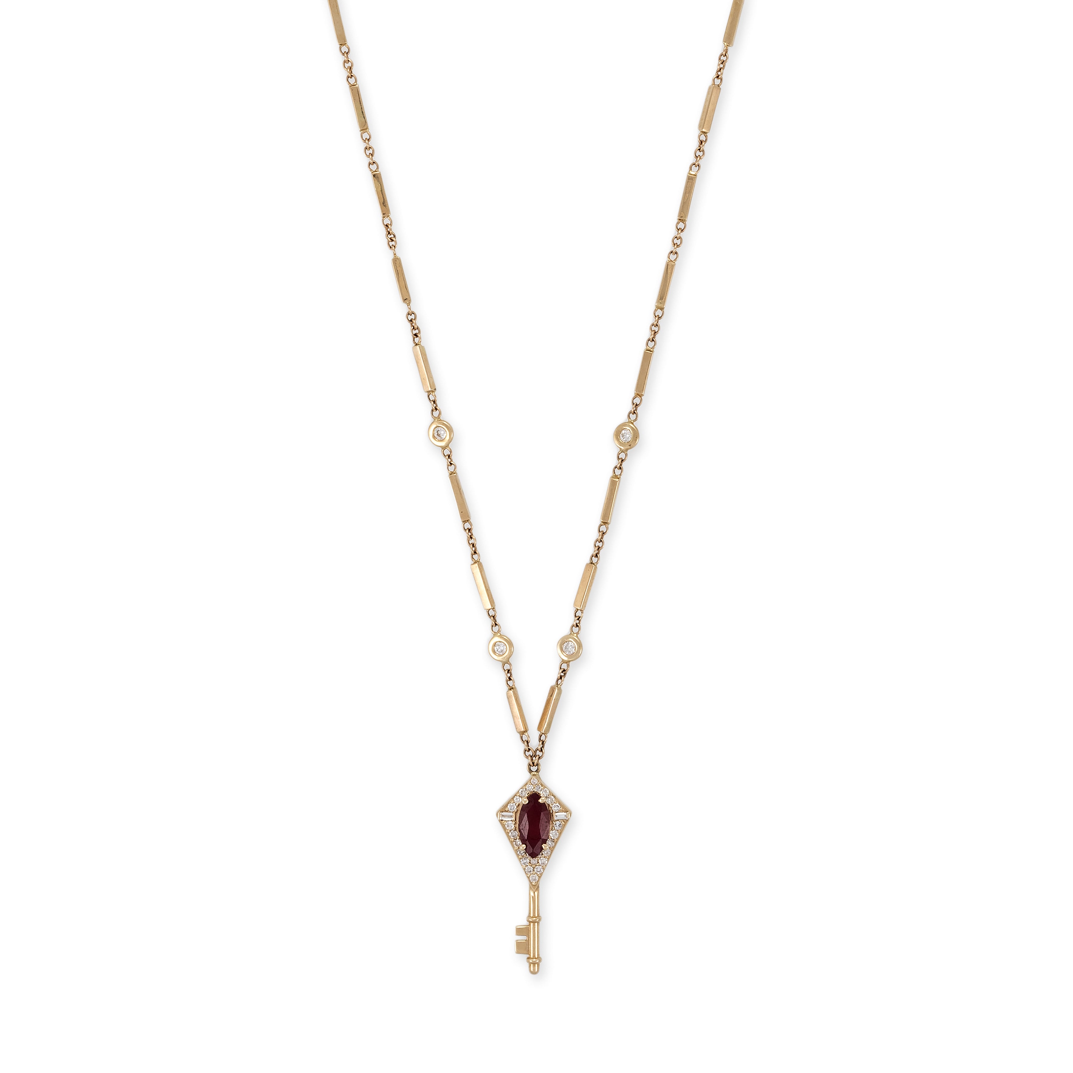 Jacquie Aiche Pavé + Baguette Diamond Ruby Key Smooth Bar Necklace