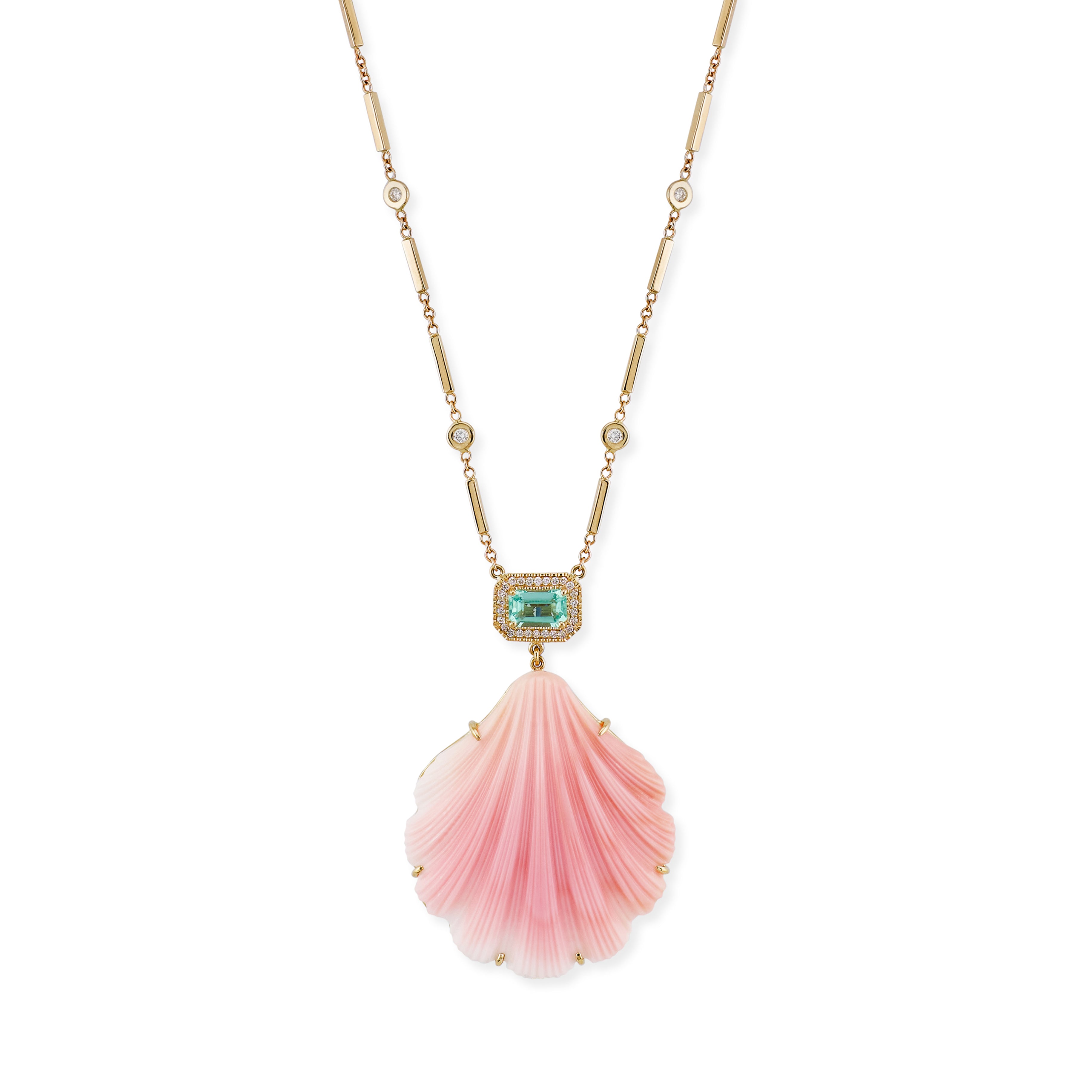 Jacquie Aiche Carved Pink Opal Shell + Pave Emerald Baguette Necklace