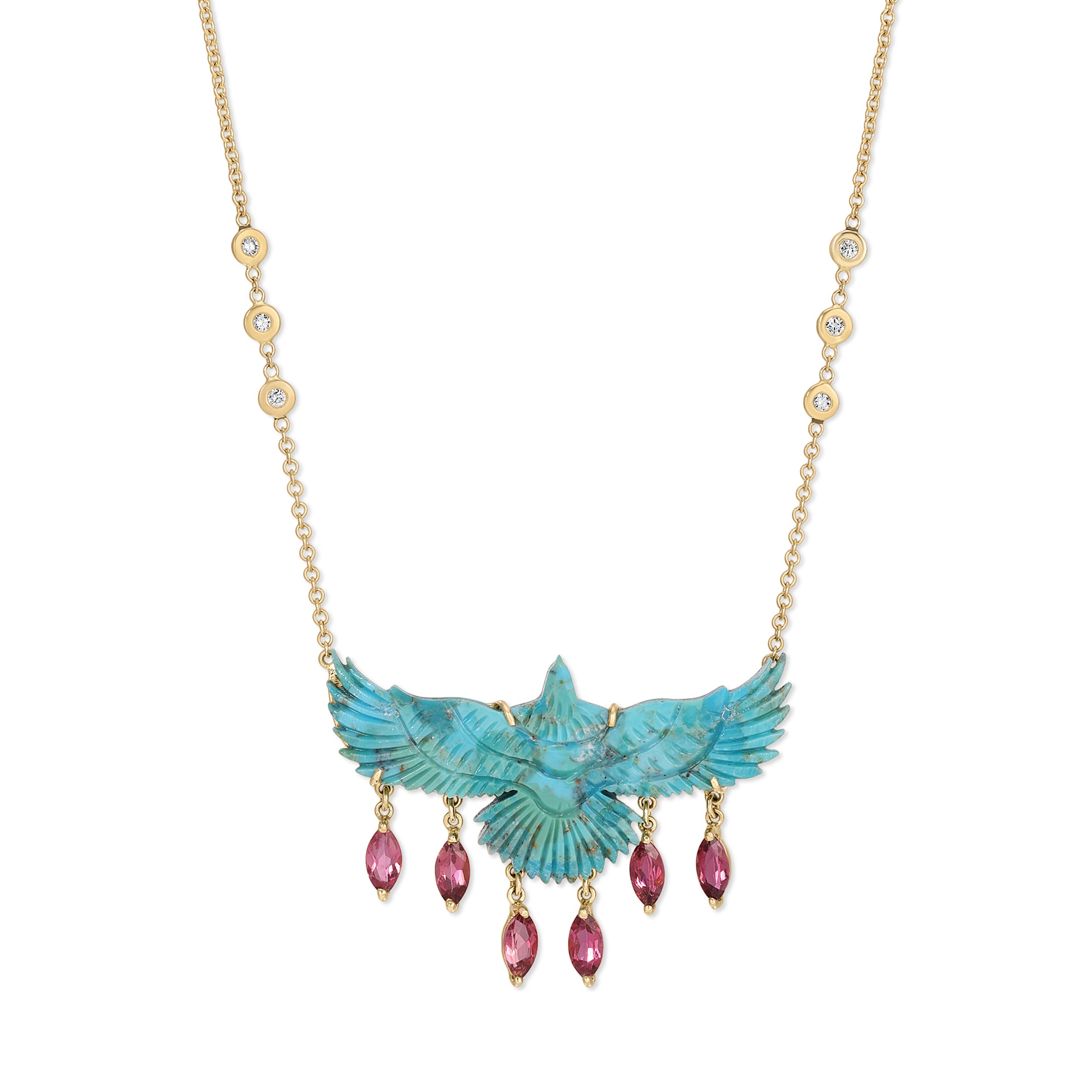 Jacquie Aiche Turquoise Thunderbird Necklace with Pink Tourmaline Marquise Shakers