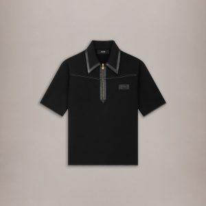 Amiri LEATHER TRIM KNIT ZIPPED POLO - Black