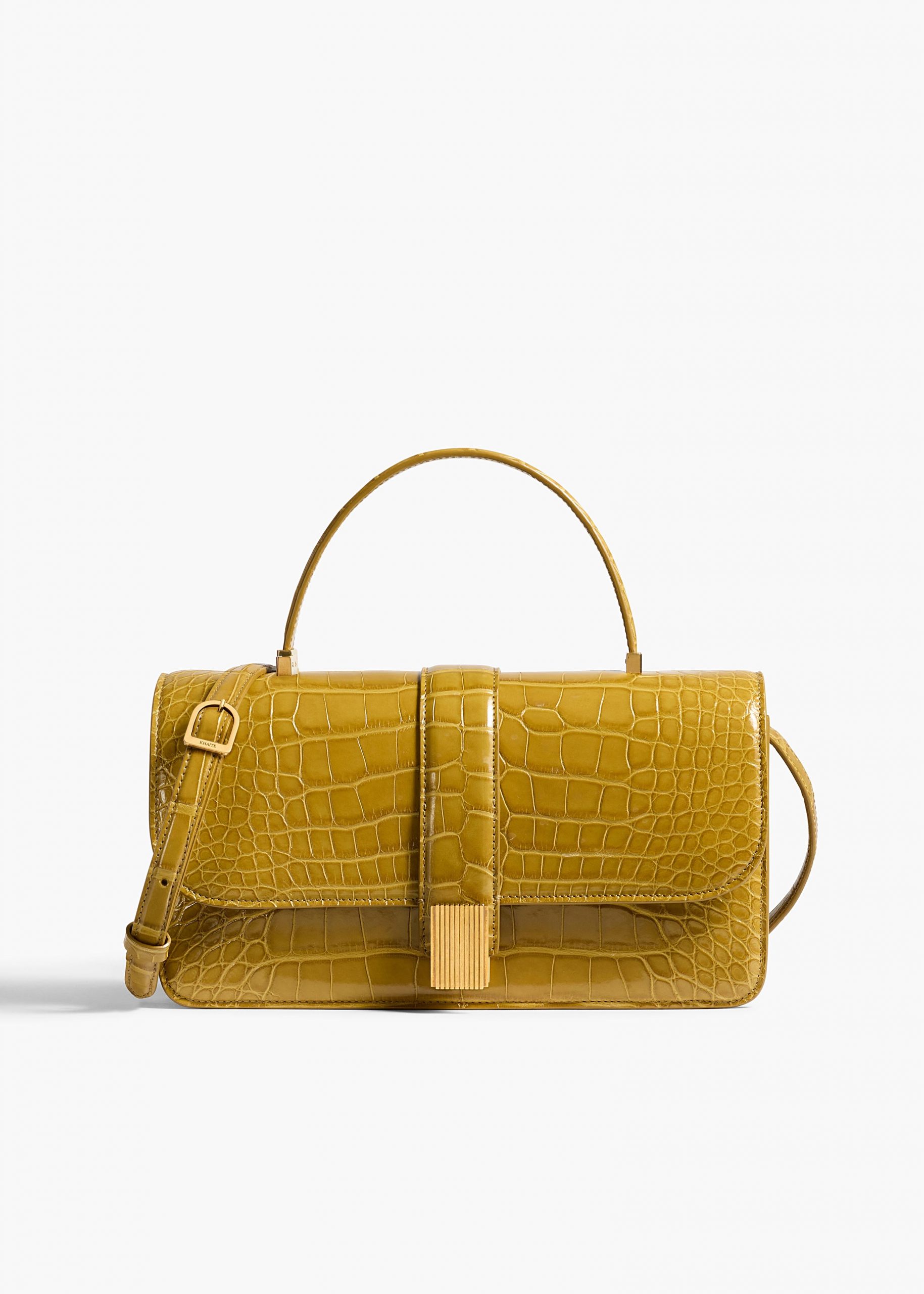Khaite Blake Top Handle Bag in Golden Olive Alligator
