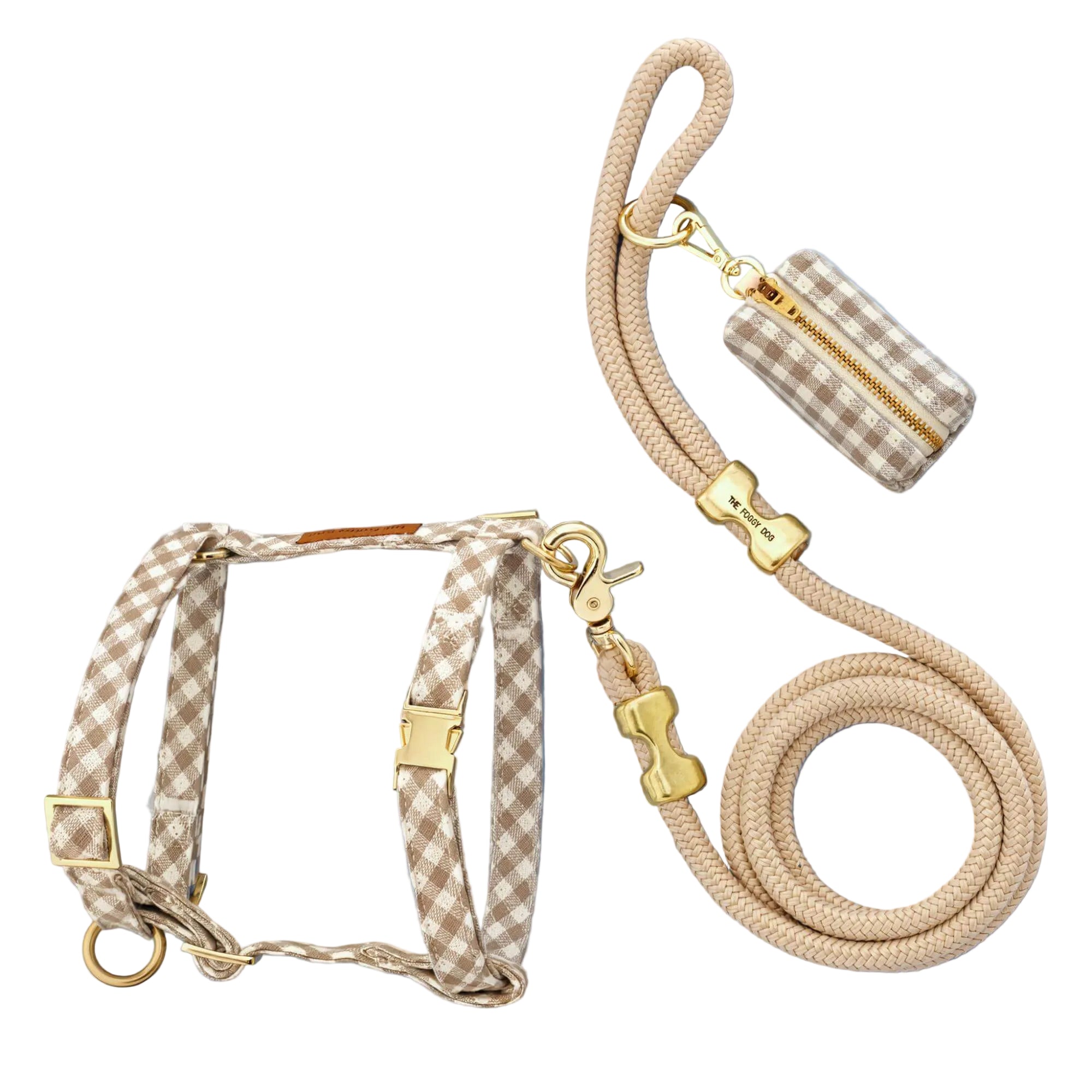 The Foggy Dog Mushroom Brown Gingham Harness Walk Set