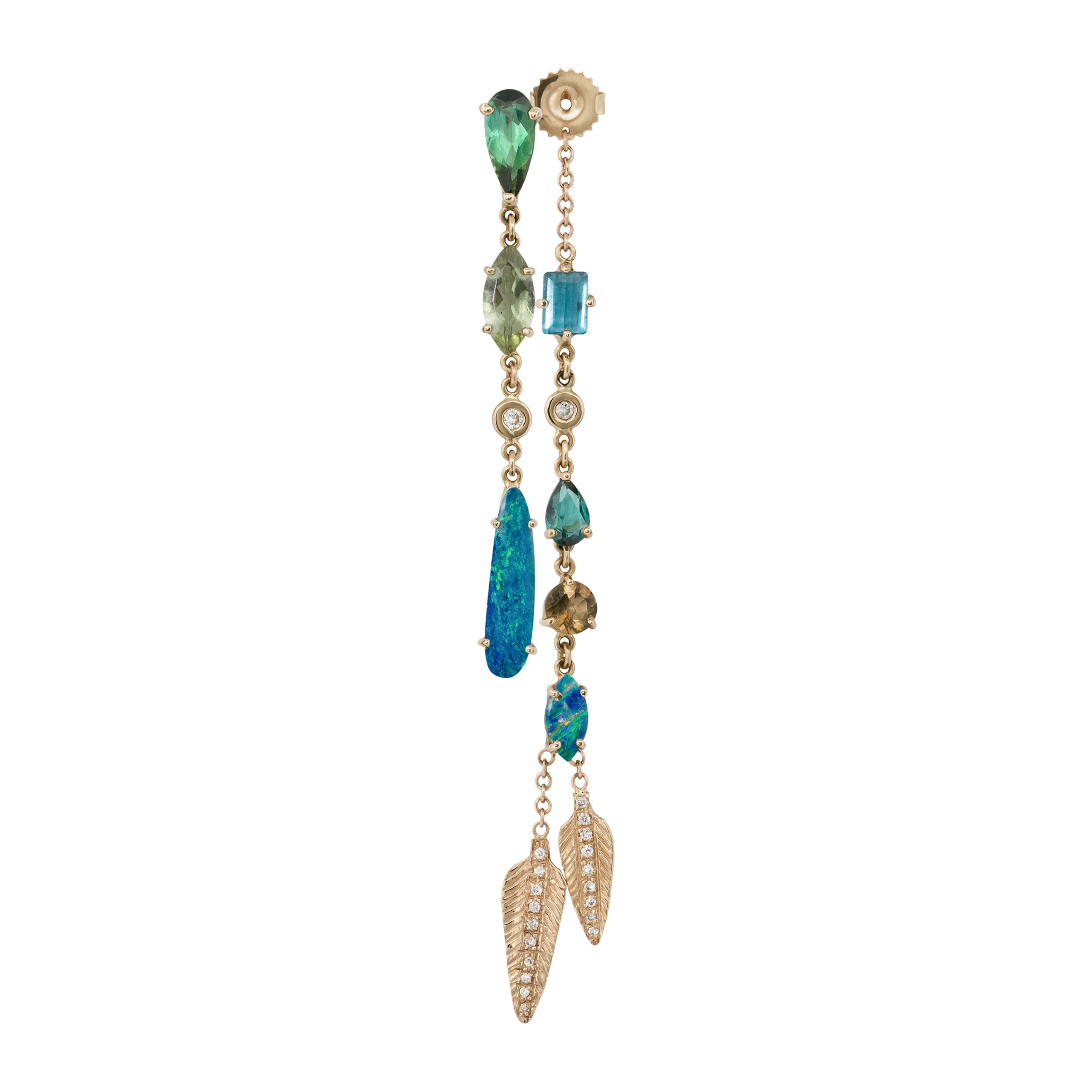 Jacquie Aiche 5 Tourmaline + 2 Opal Front Back Pave Feather Drip Earring