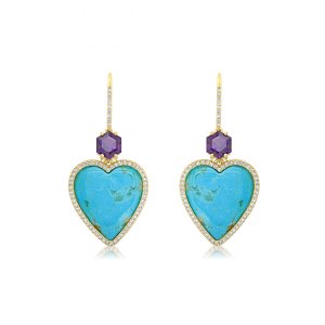 Jennifer Meyer Turquoise Cabochon Heart and Amethyst Drop Earrings with Diamonds