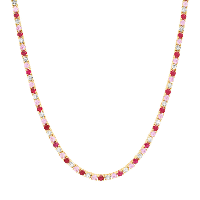 Jennifer Meyer 4-Prong Diamond, Pink Sapphire, and Ruby Tennis Necklace