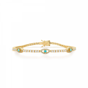 Jennifer Meyer 4-Prong Diamond Tennis Bracelet with Turquoise Mini Open Evil Eye Accents