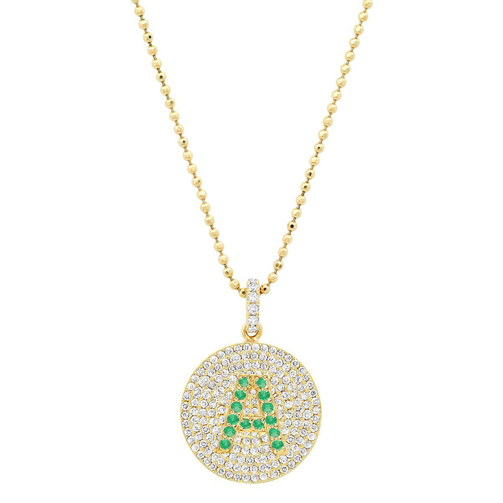 Jennifer Meyer Diamond Disc with Emerald Letter Necklace
