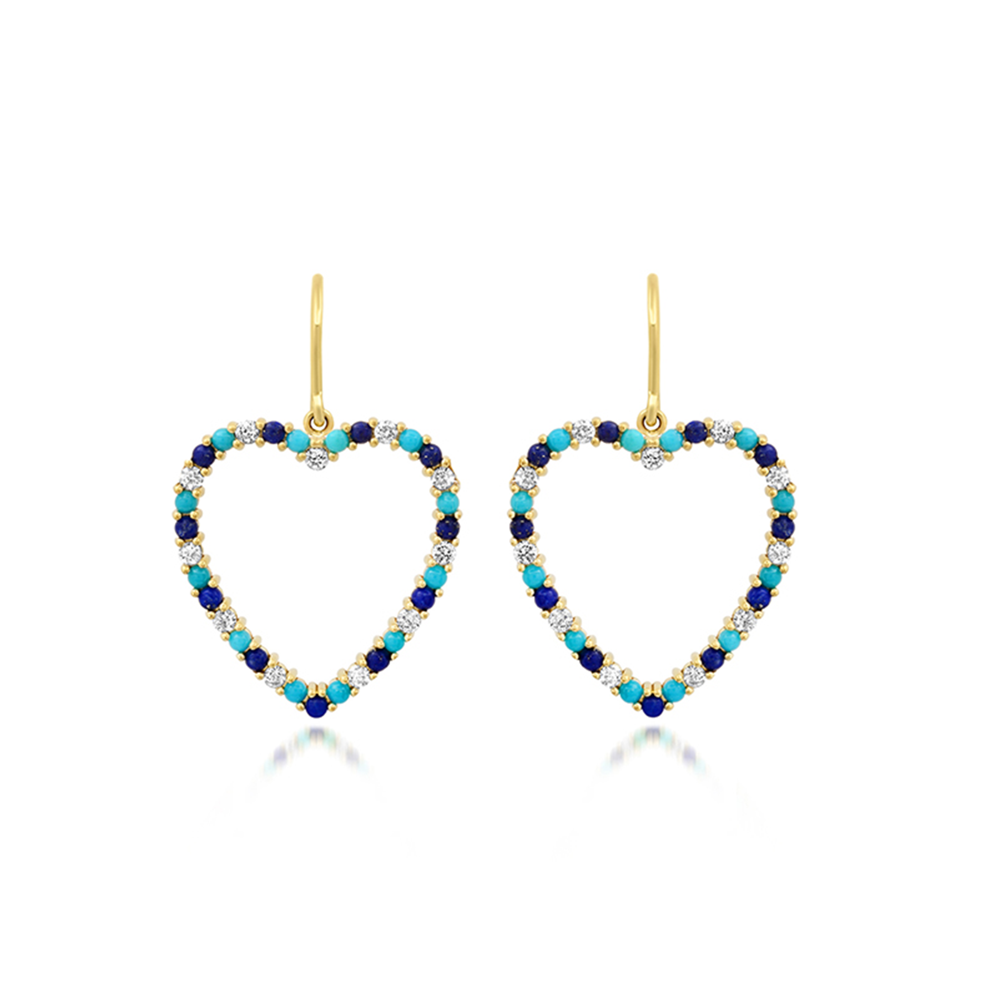 Jennifer Meyer Large Diamond, Turquoise and Lapis Open Heart Drop Earrings