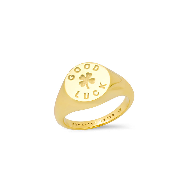 Jennifer Meyer Small Good Luck & Clover Sentiment Signet Ring