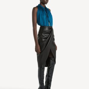 Balmain Jupe mi-longue drapée en cuir d'agneau