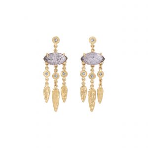 Jacquie Aiche Tourmalinated Quartz Marquise + Diamond Hammered Teardrop Chandelier Drop Stud Earrings