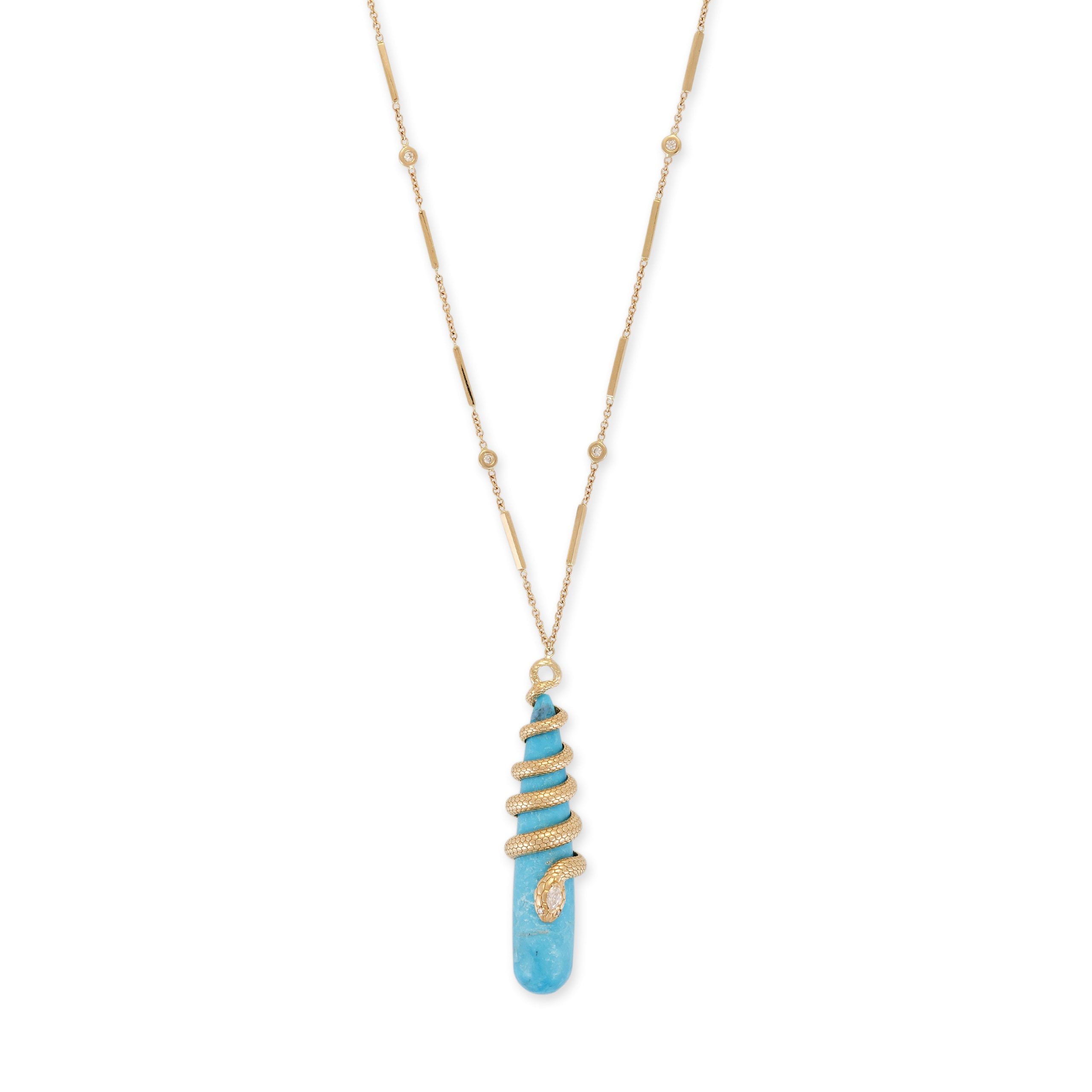 Jacquie Aiche Diamond Snake Wrapped Turquoise Droplet Necklace