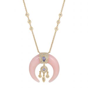 Jacquie Aiche Pink Opal Double Horn Dreamcatcher Necklace with Pavé Tanzanite Teardrop Cap