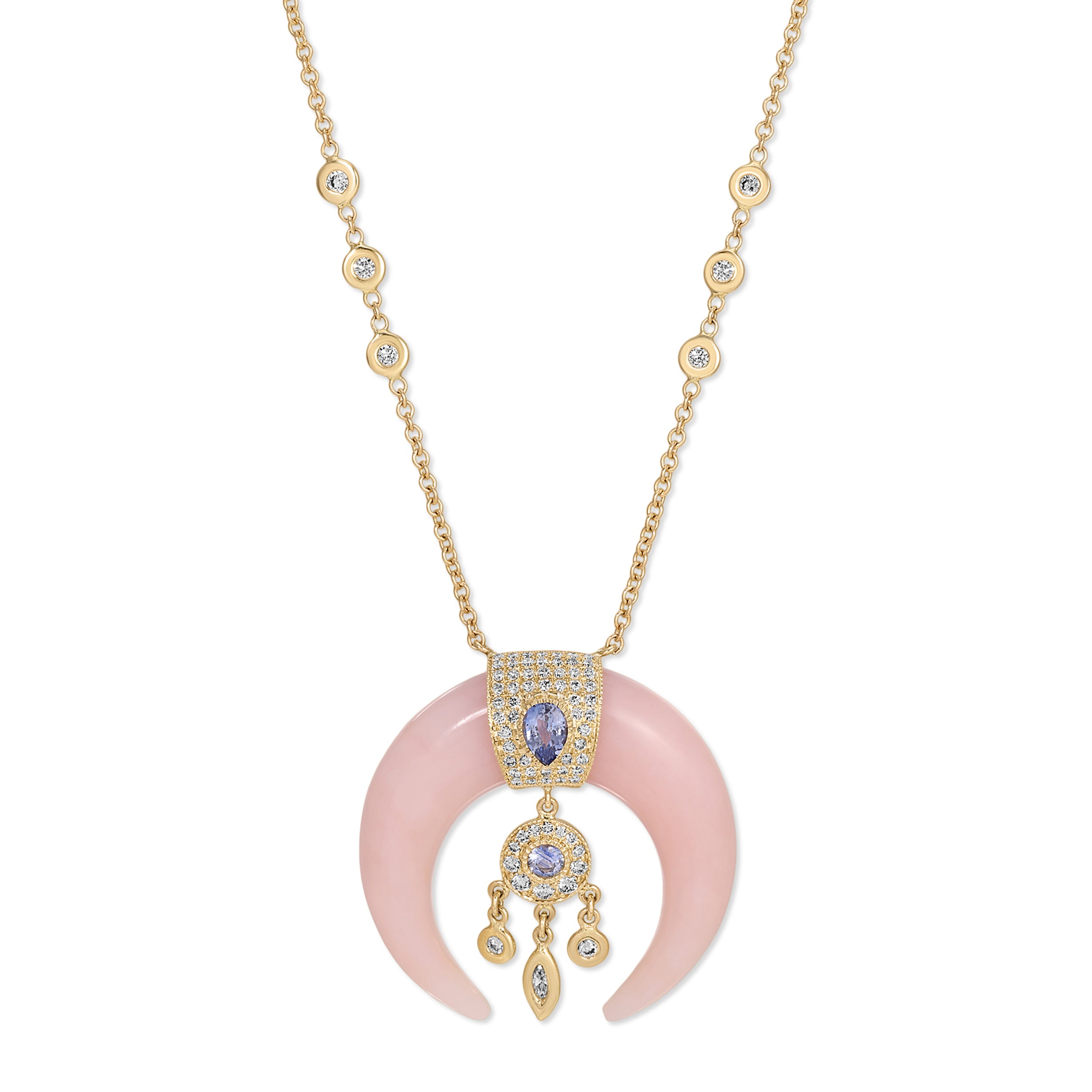 Jacquie Aiche Pink Opal Double Horn Dreamcatcher Necklace with Pavé Tanzanite Teardrop Cap