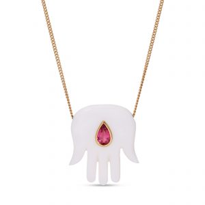 Jacquie Aiche Large Mother of Pearl Hamsa with Pink Tourmaline Necklace