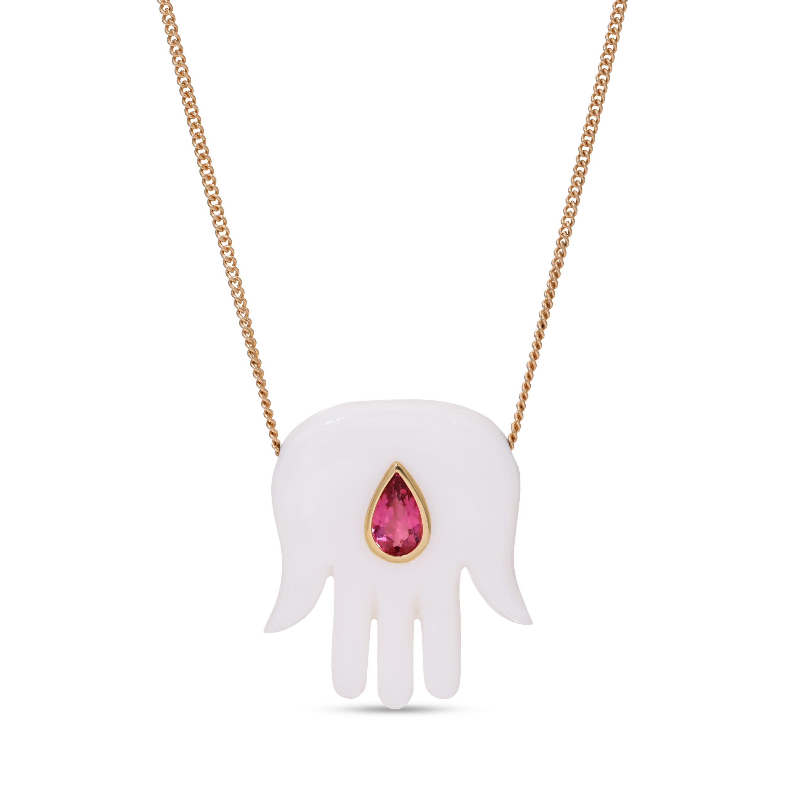Jacquie Aiche Large Mother of Pearl Hamsa with Pink Tourmaline Necklace