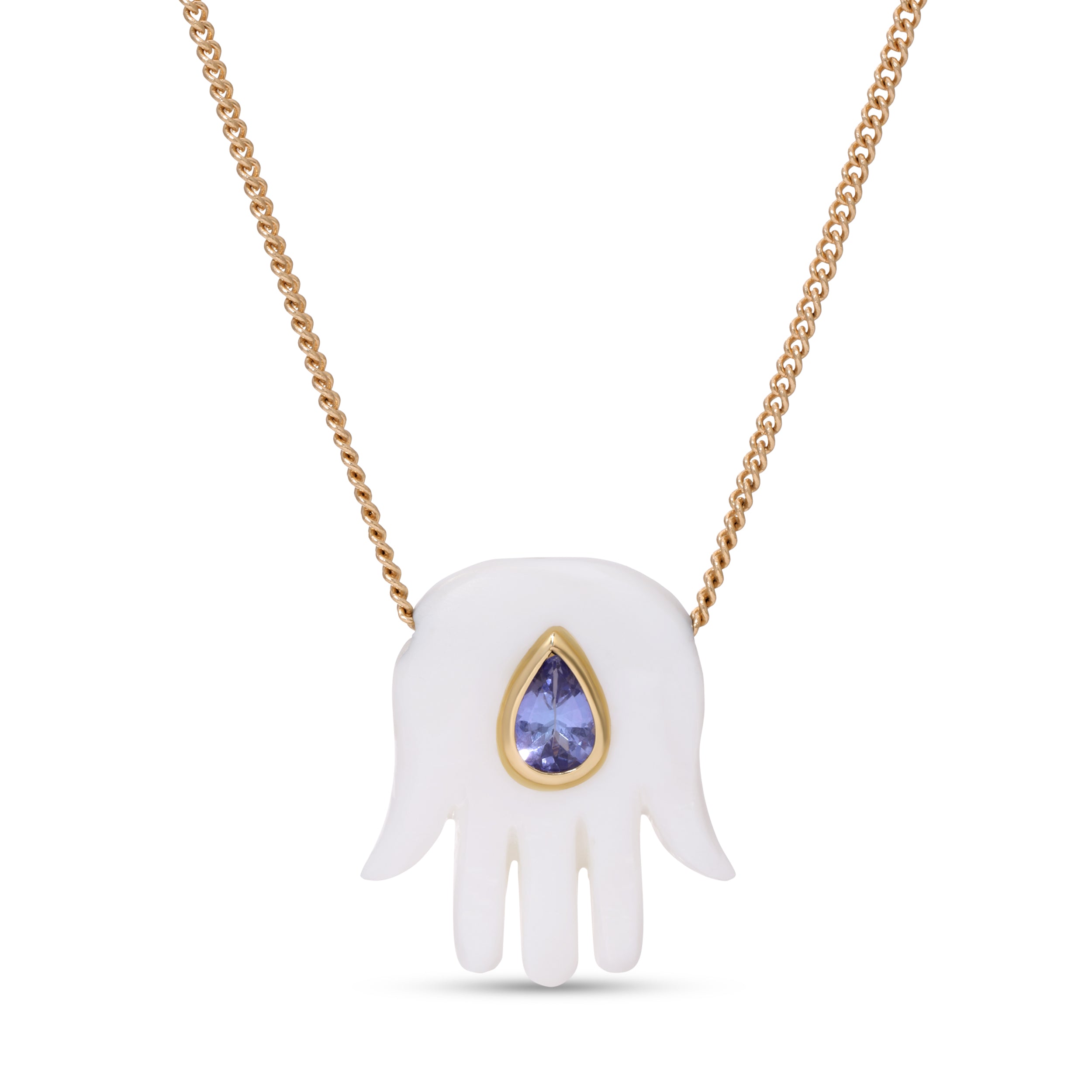 Jacquie Aiche Small Mother of Pearl Hamsa with Tanzanite Necklace