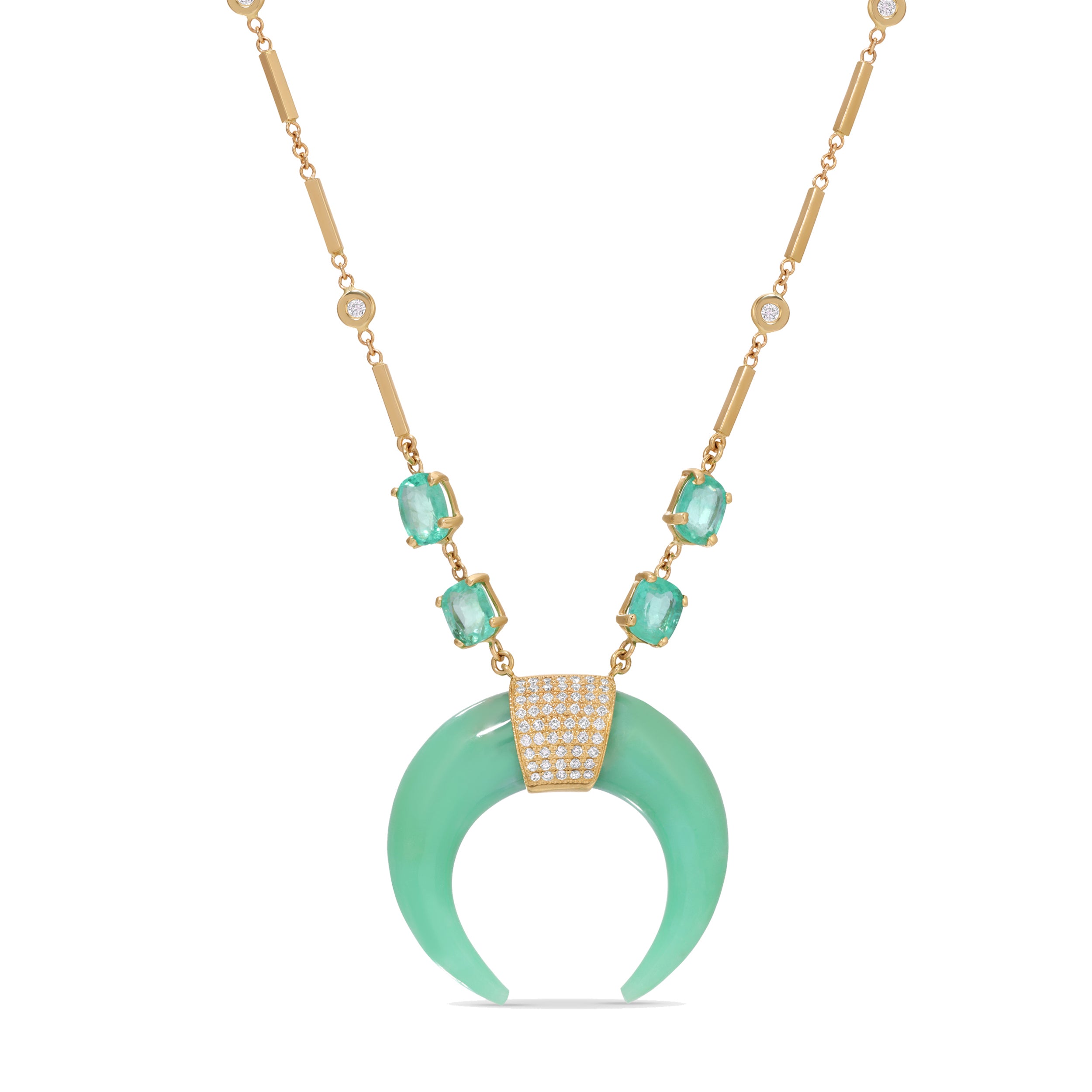Jacquie Aiche Chrysoprase Double Horn Necklace with Emeralds and Pavé Diamonds
