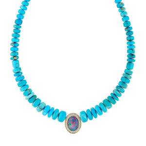 Jacquie Aiche Pavé Opal Oval Center On Graduated Turquoise Beaded Necklace