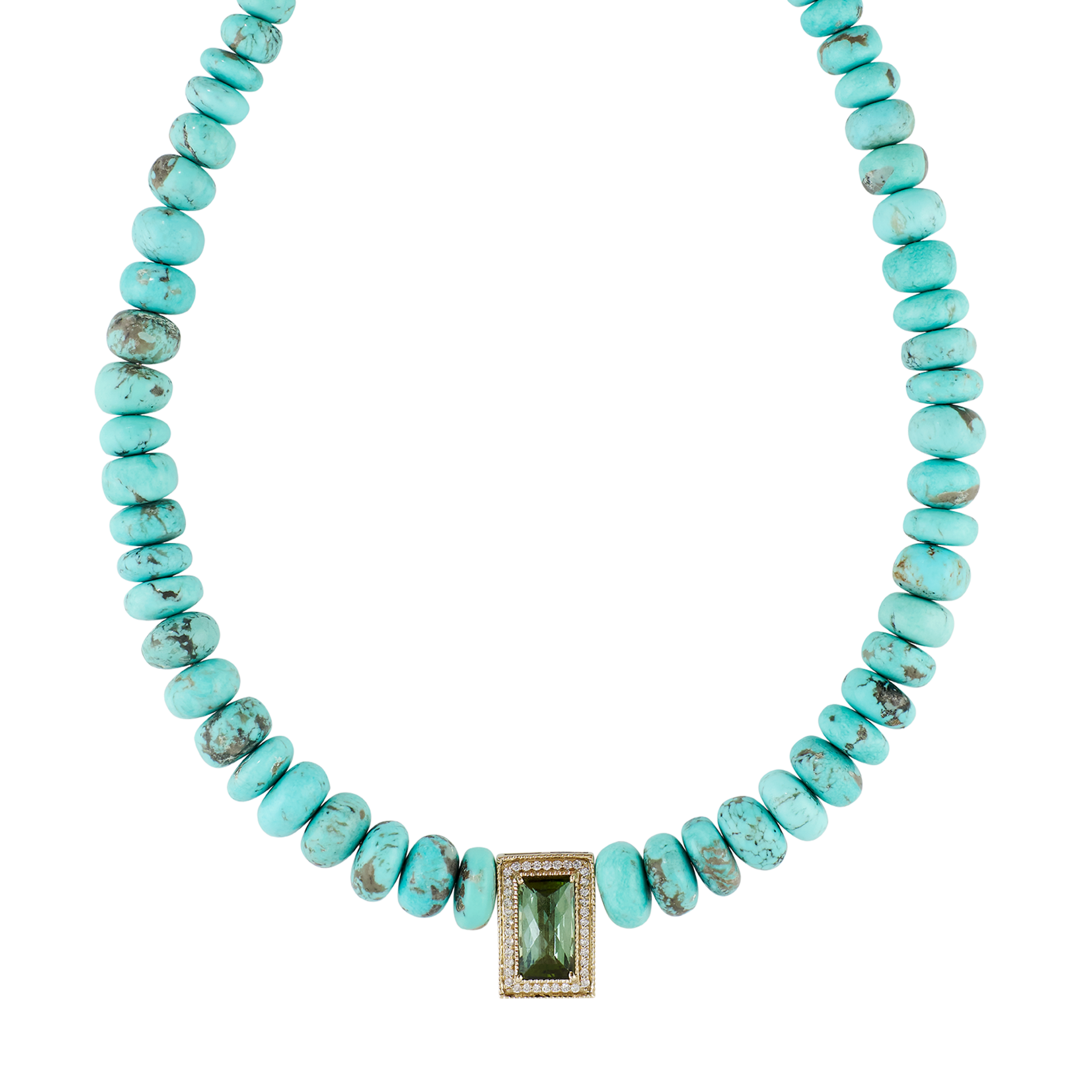 Jacquie Aiche Pavé Green Tourmaline Rectangle Center On Graduated Turquoise Beaded Necklace