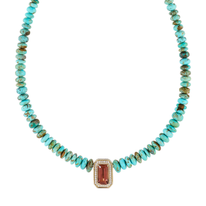 Jacquie Aiche Pavé Pink Tourmaline Baguette Graduated Turquoise Beaded Necklace