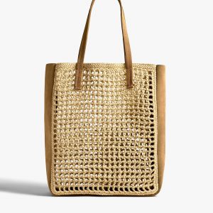 Khaite Zoe Tote in Natural Raffia with Mud Suede