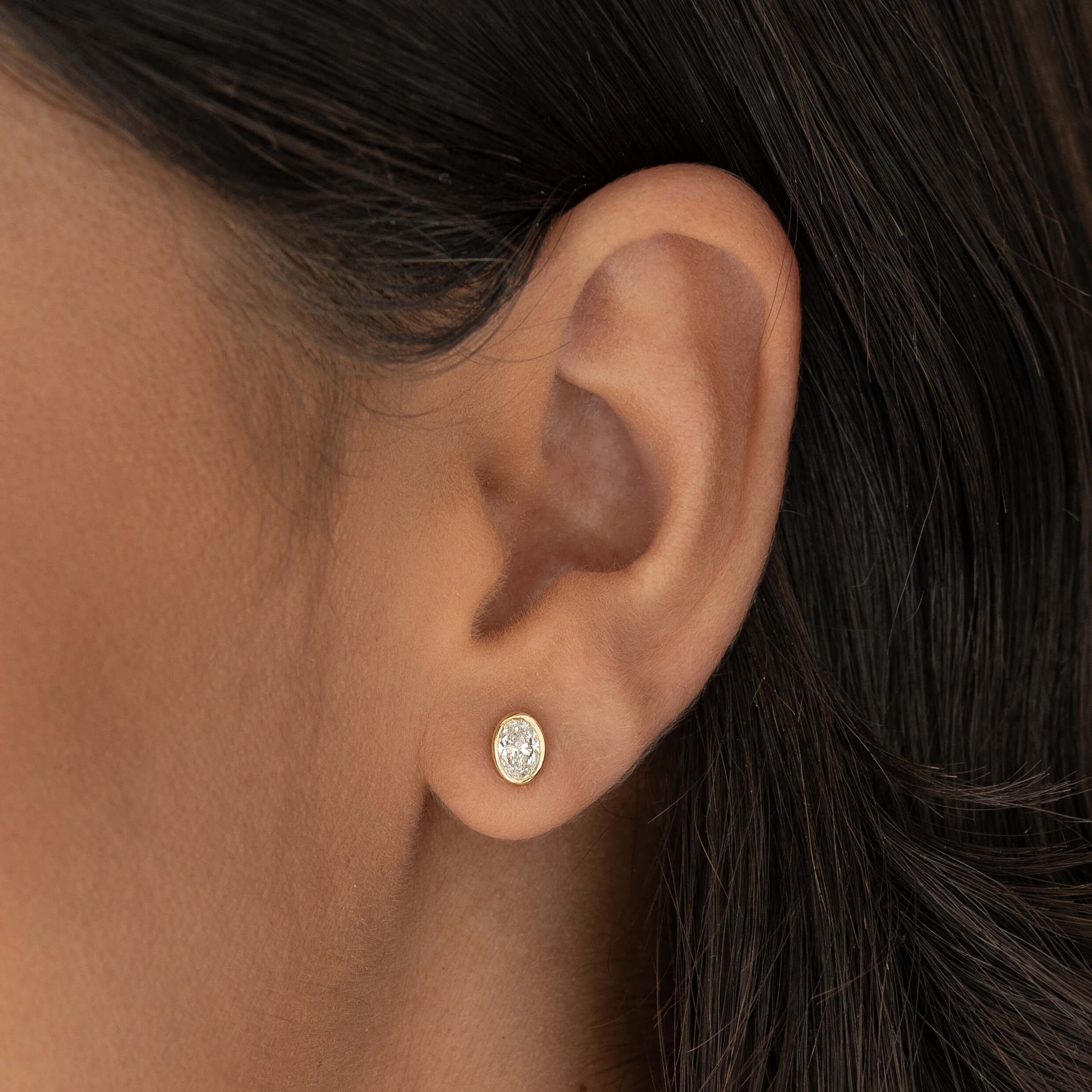 Linjer Bezel Set Oval Lab Grown Diamond Stud Earrings 14k Gold - Merit